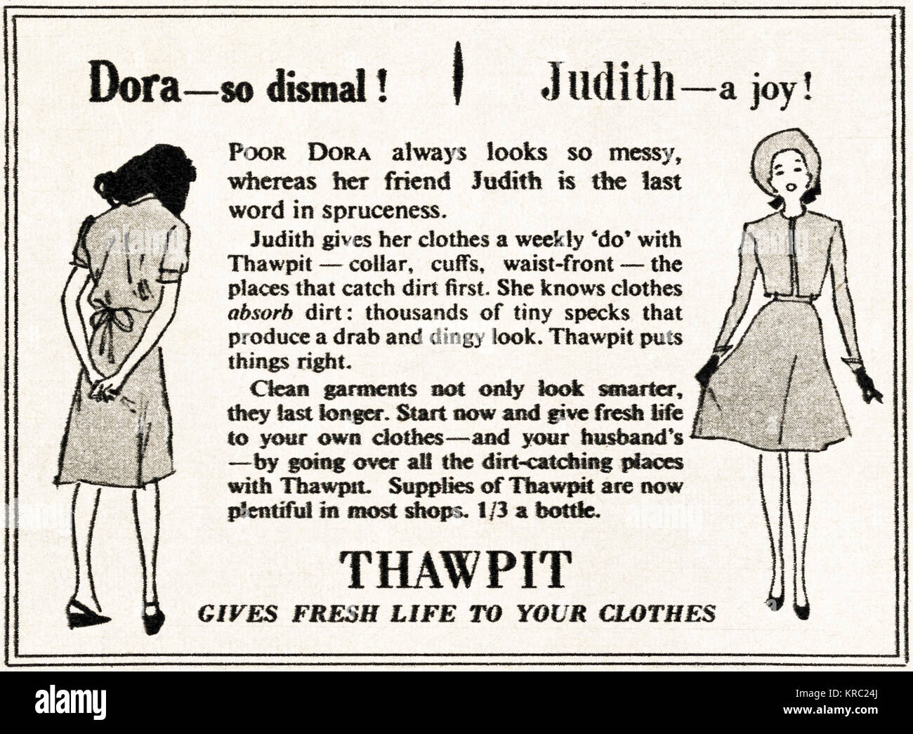 1940s old vintage original advert advertising Thawpit for cleaning clothes in magazine circa 1947 when supplies were still restricted under postwar rationing Stock Photo