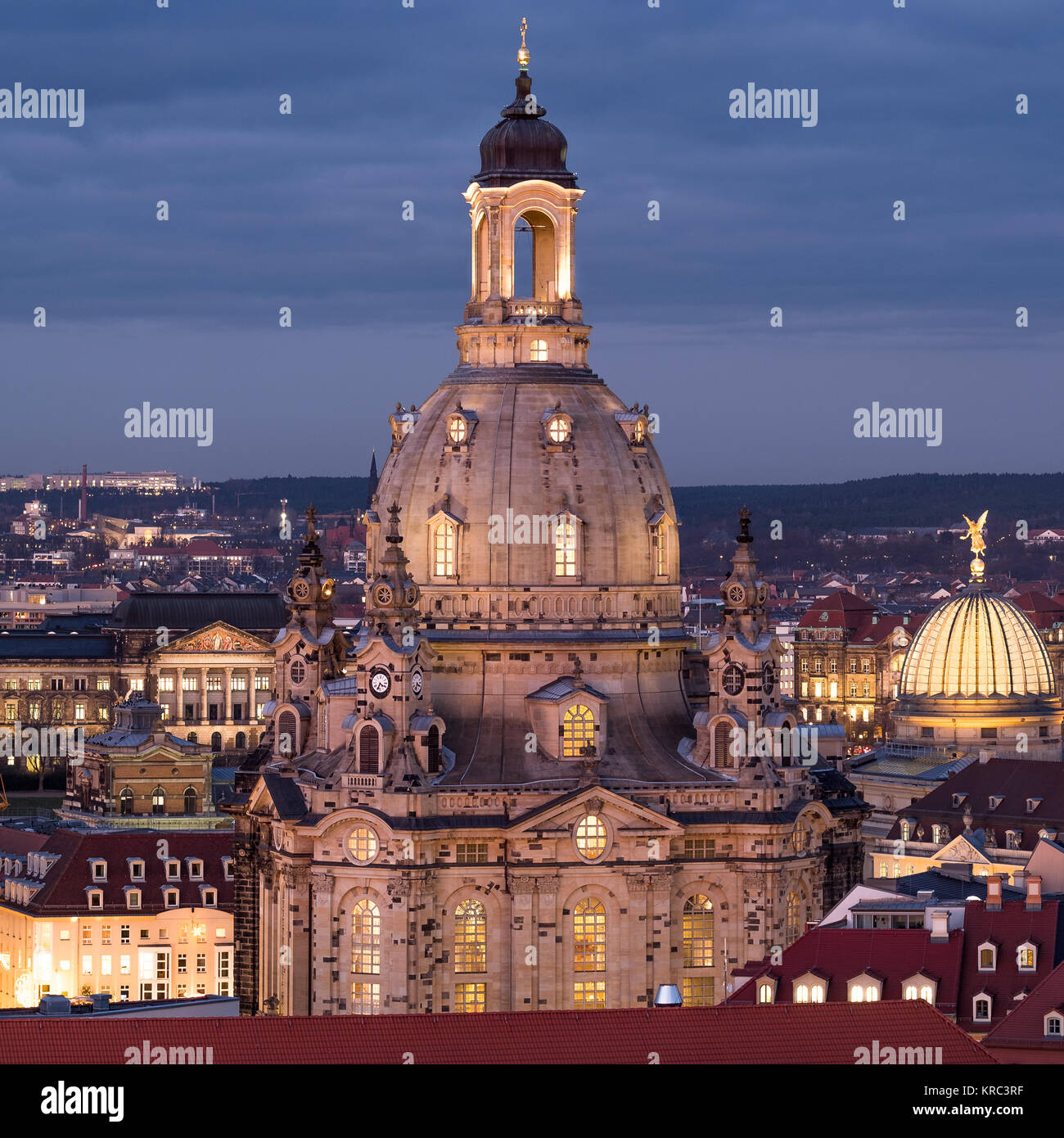 Dresden Frauenkirche during blue hour with beautiful light Stock Photo
