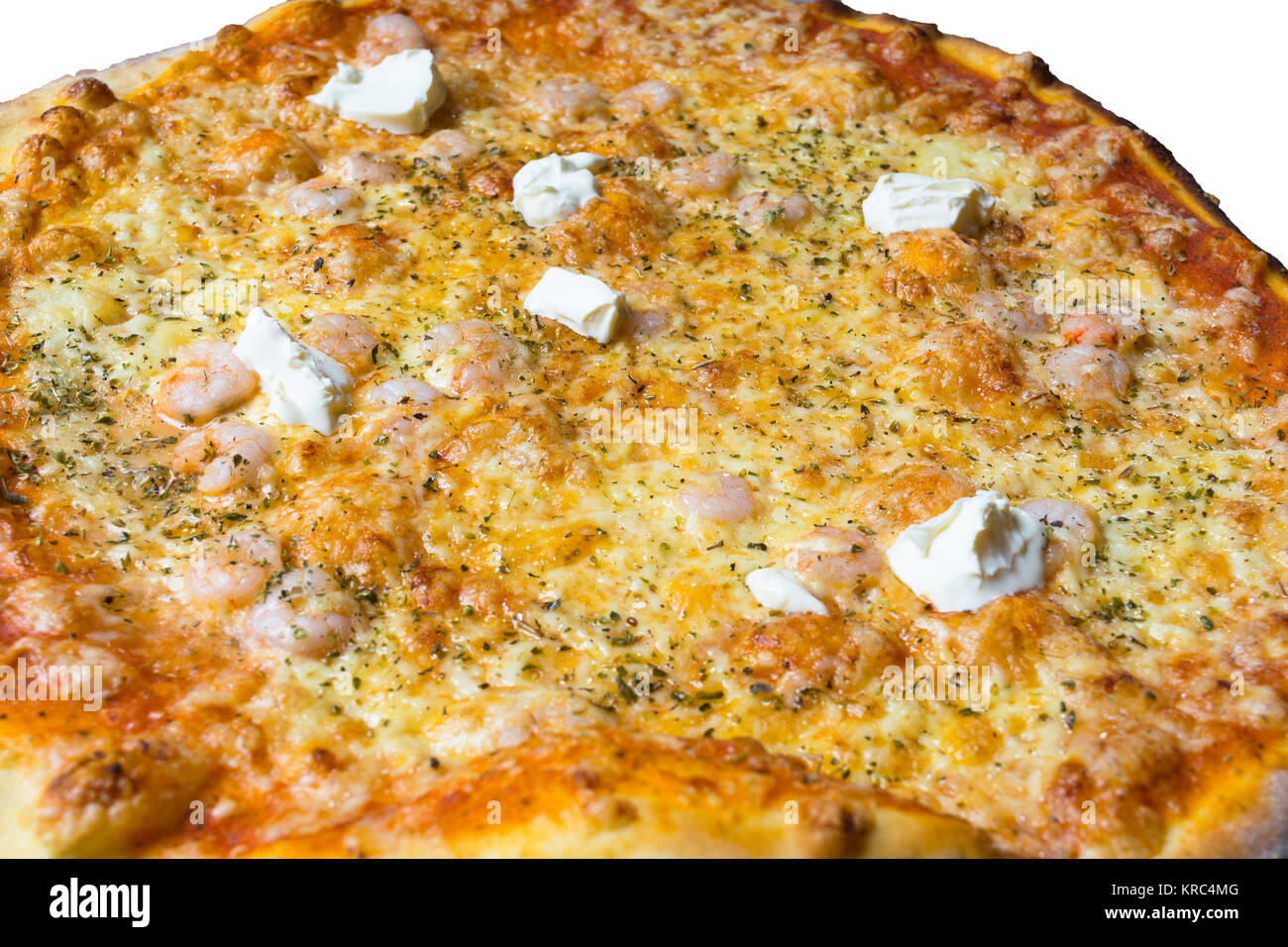 pædagog mål Flipper Pizza mit Garnelen creme fraiche, Käse, Tomaten und Pesto Sauce Stock Photo  - Alamy