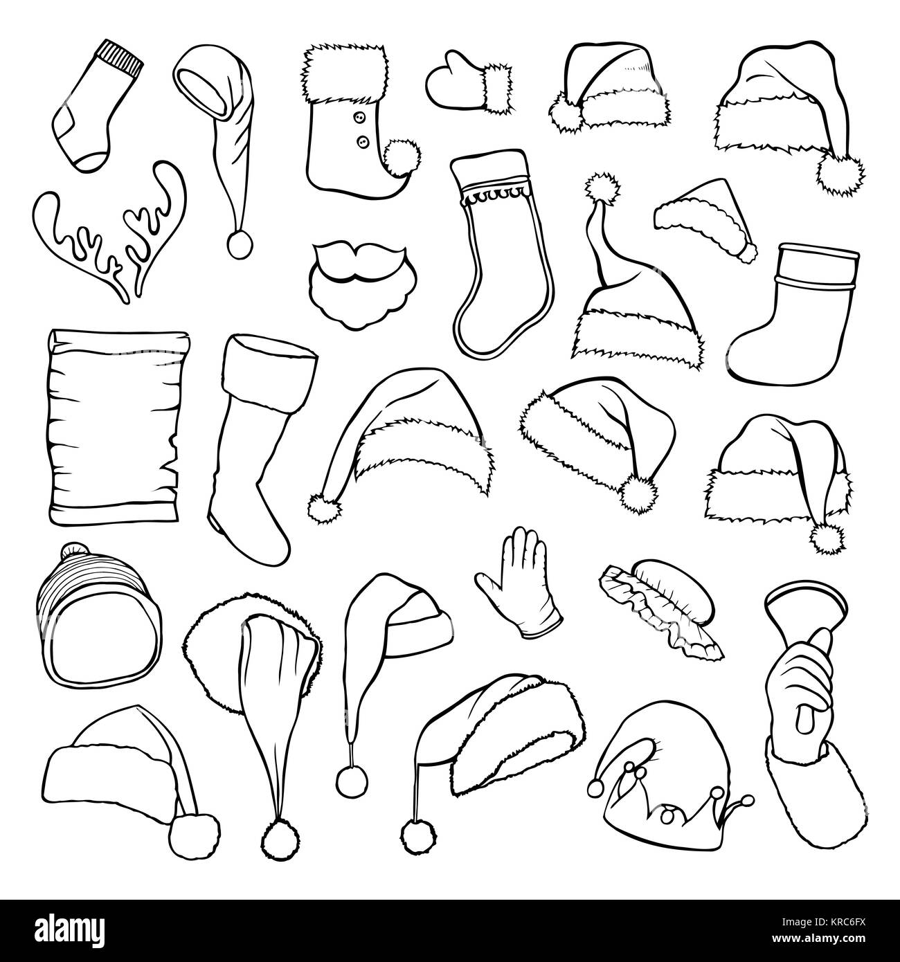 set of santa hats boots beard sketch isolated on white Stock Vector
