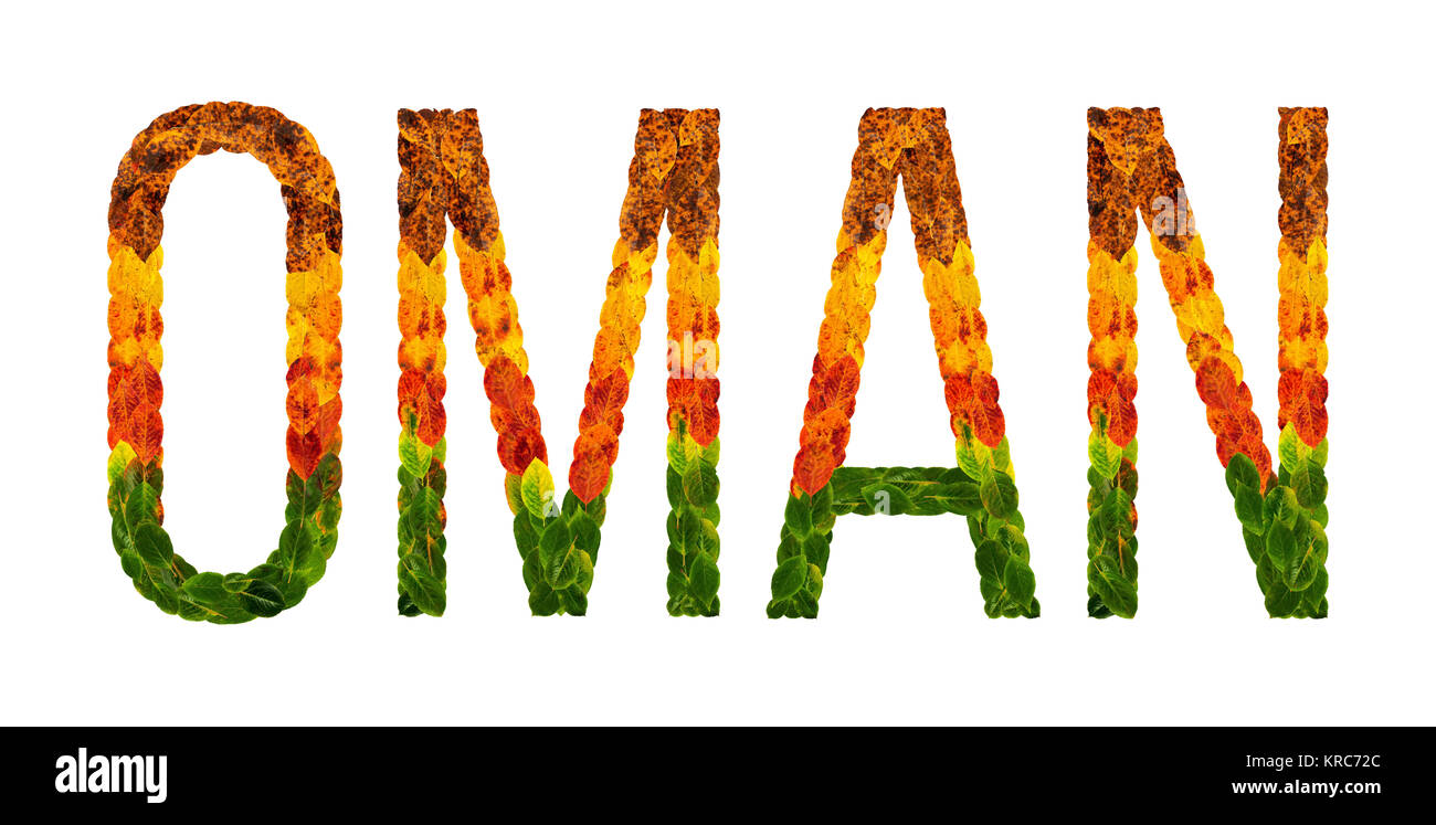 word oman country is written with leaves on a white insulated