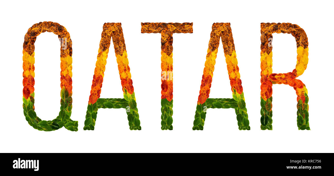 word qatar country is written with leaves on a white insulated