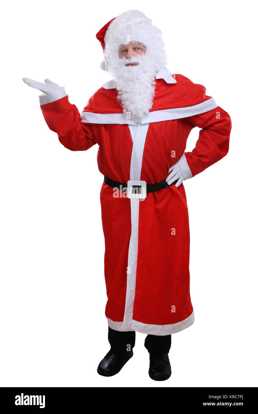 Weihnachtsmann Nikolaus Weihnachten zeigen Freisteller freigestellt vor einem weissen Hintergrund Stock Photo