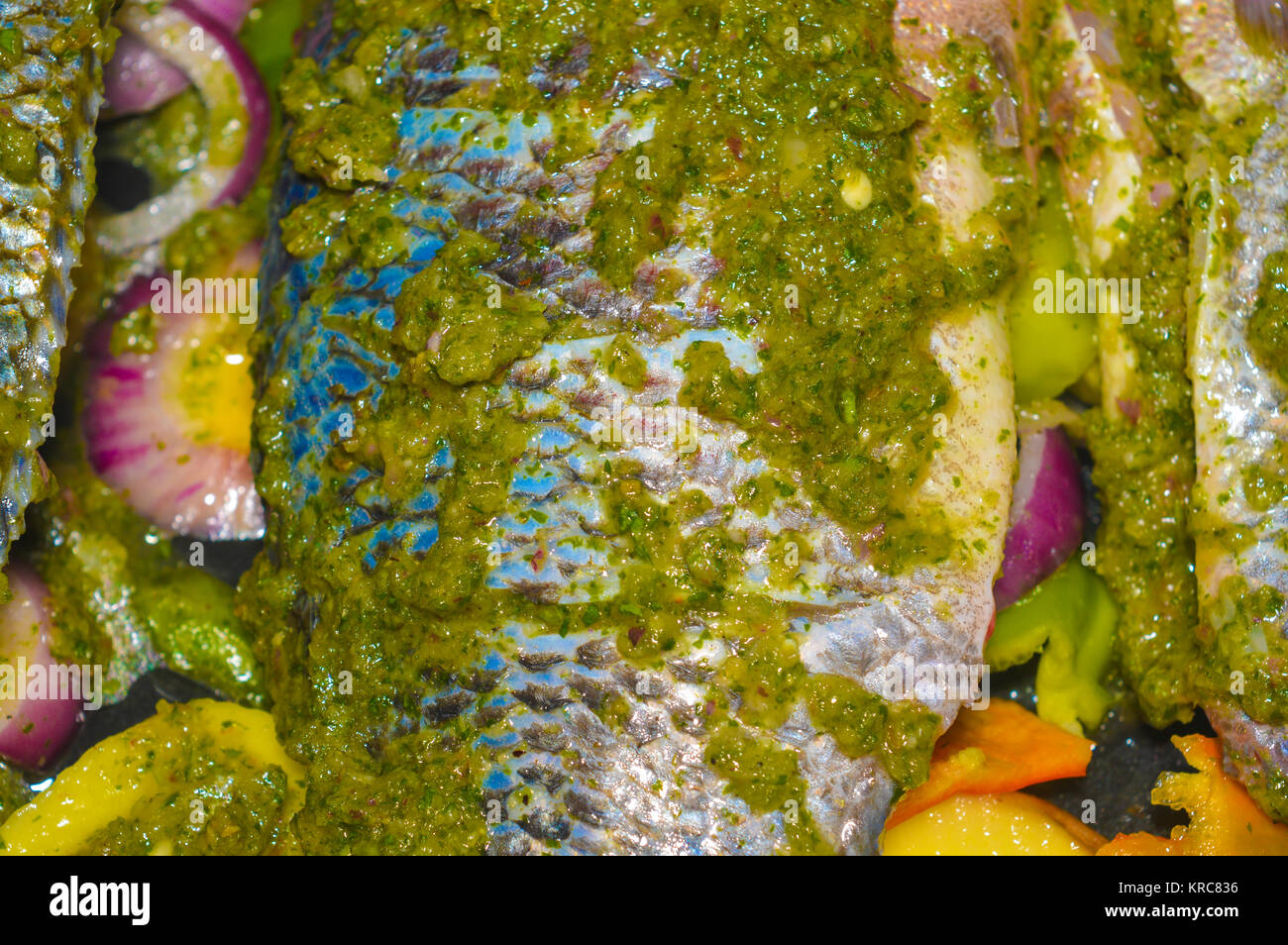 fresh uncooked spiced tilapia fish Stock Photo Alamy
