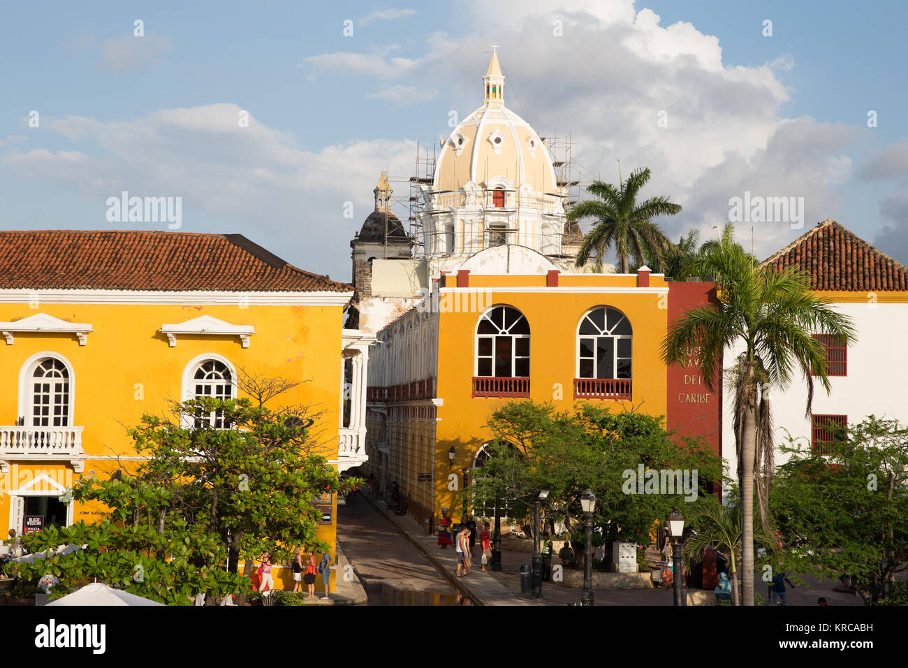 Churches and beautiful yellow buildings in Cartagena, Columbia Stock Photo