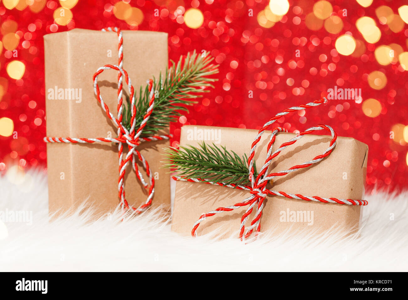 Christmas vintage presents on red background Stock Photo