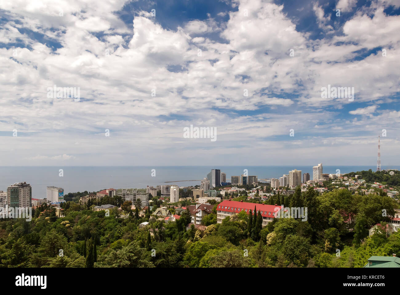 Beautiful panoramic summer landscape at the resort city of Sochi on the Black sea coast. The view from the top. Stock Photo