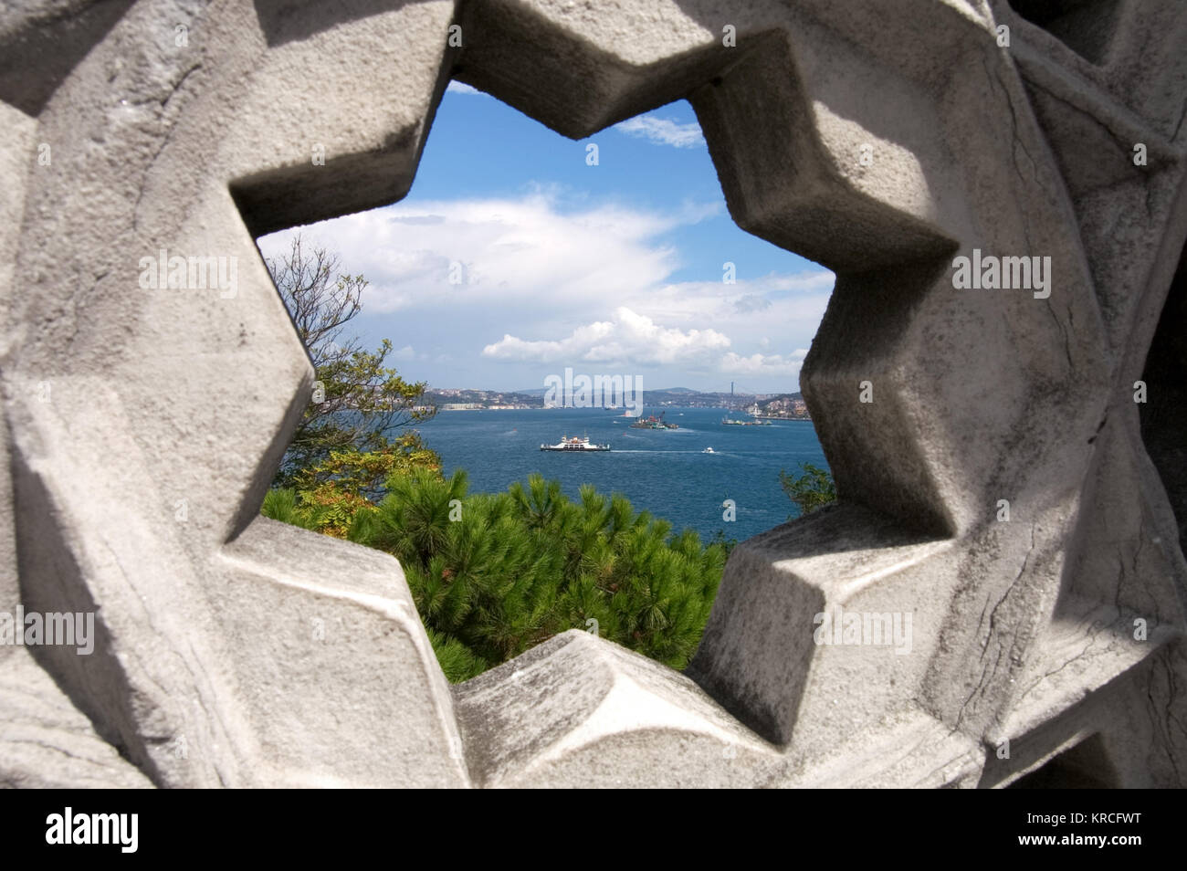 Bosphorus River in Istanbul viewed through a star shaped opening in the walls of the Topkapi Palace Stock Photo