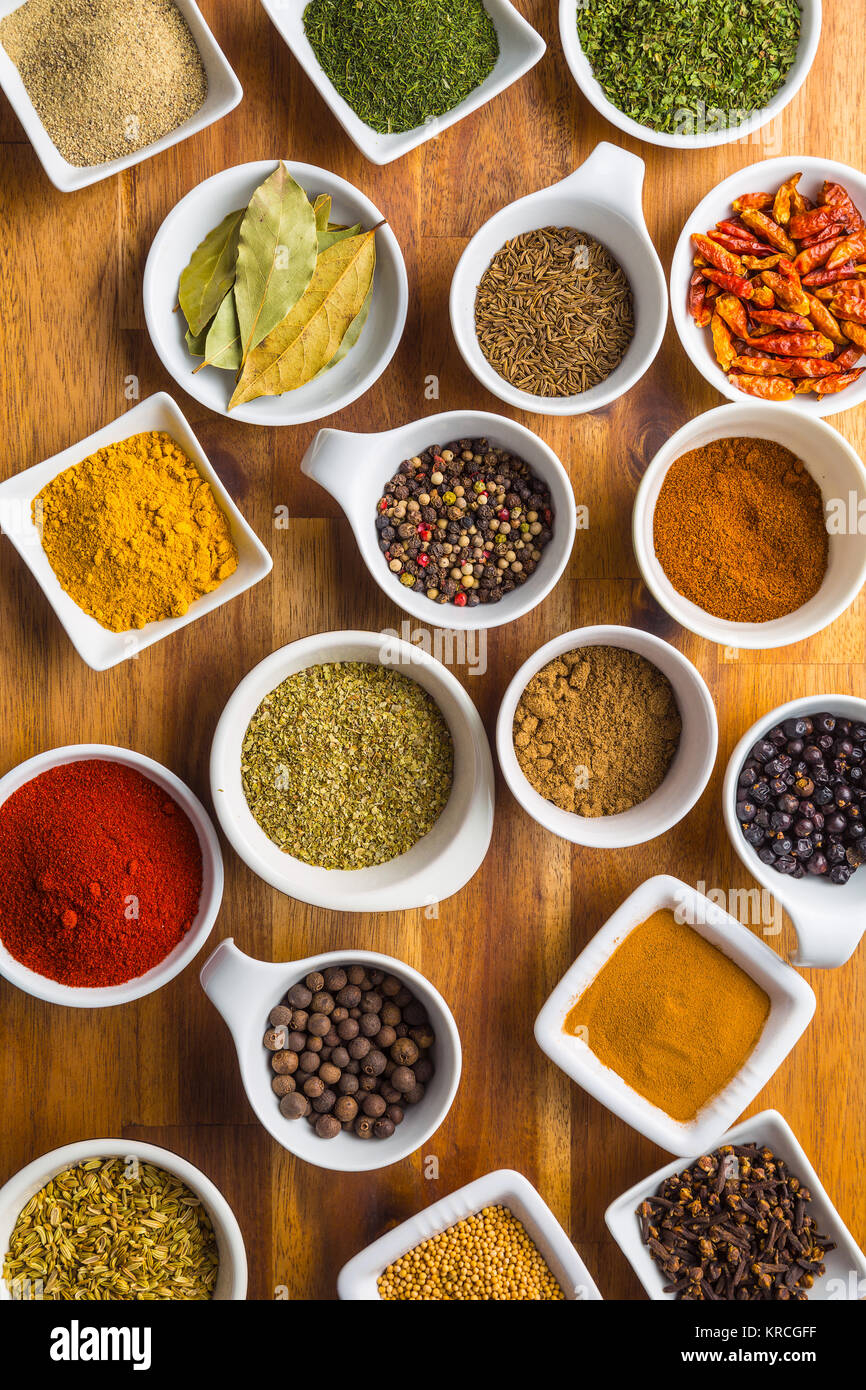 Various dried herbs and spices in bowl Stock Photo Alamy