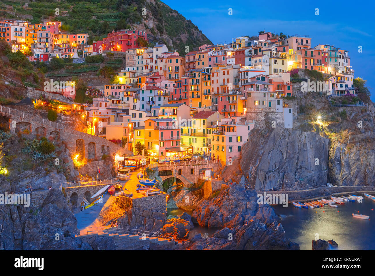 Night Manarola, Cinque Terre, Liguria, Italy Stock Photo