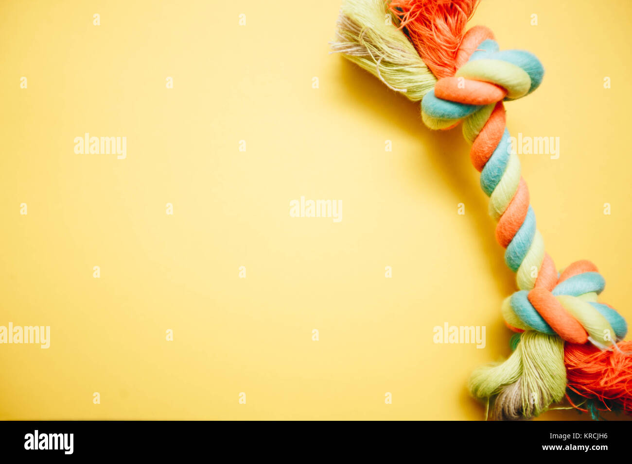 Pets having fun.Colored rope bone dog toy on a bright one-color yellow background. Pet care and veterinary concept. Spase for your text or image. Stock Photo