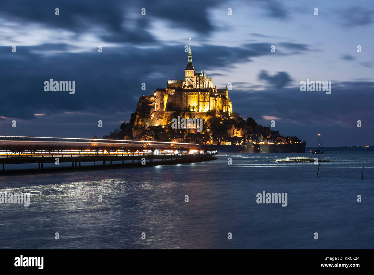 Le Mont Saint-Michel (Normandy, north-western France), 2015/03/21: Spring tide in the evening. (Not available for postcard edition) Stock Photo