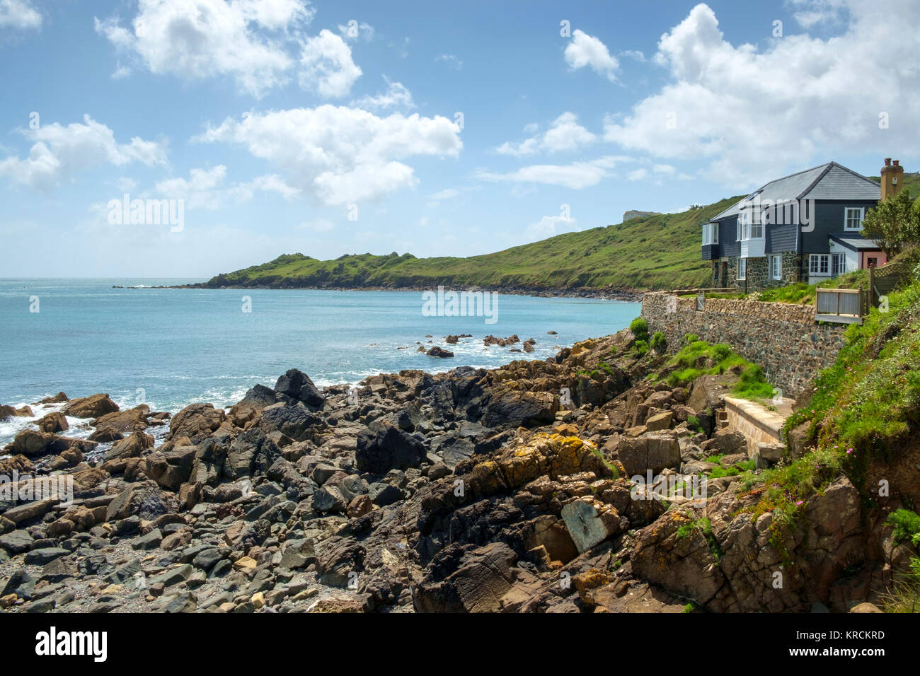 A waterside cottage with stunning coast views at Coverack in Cornwall, UK Stock Photo