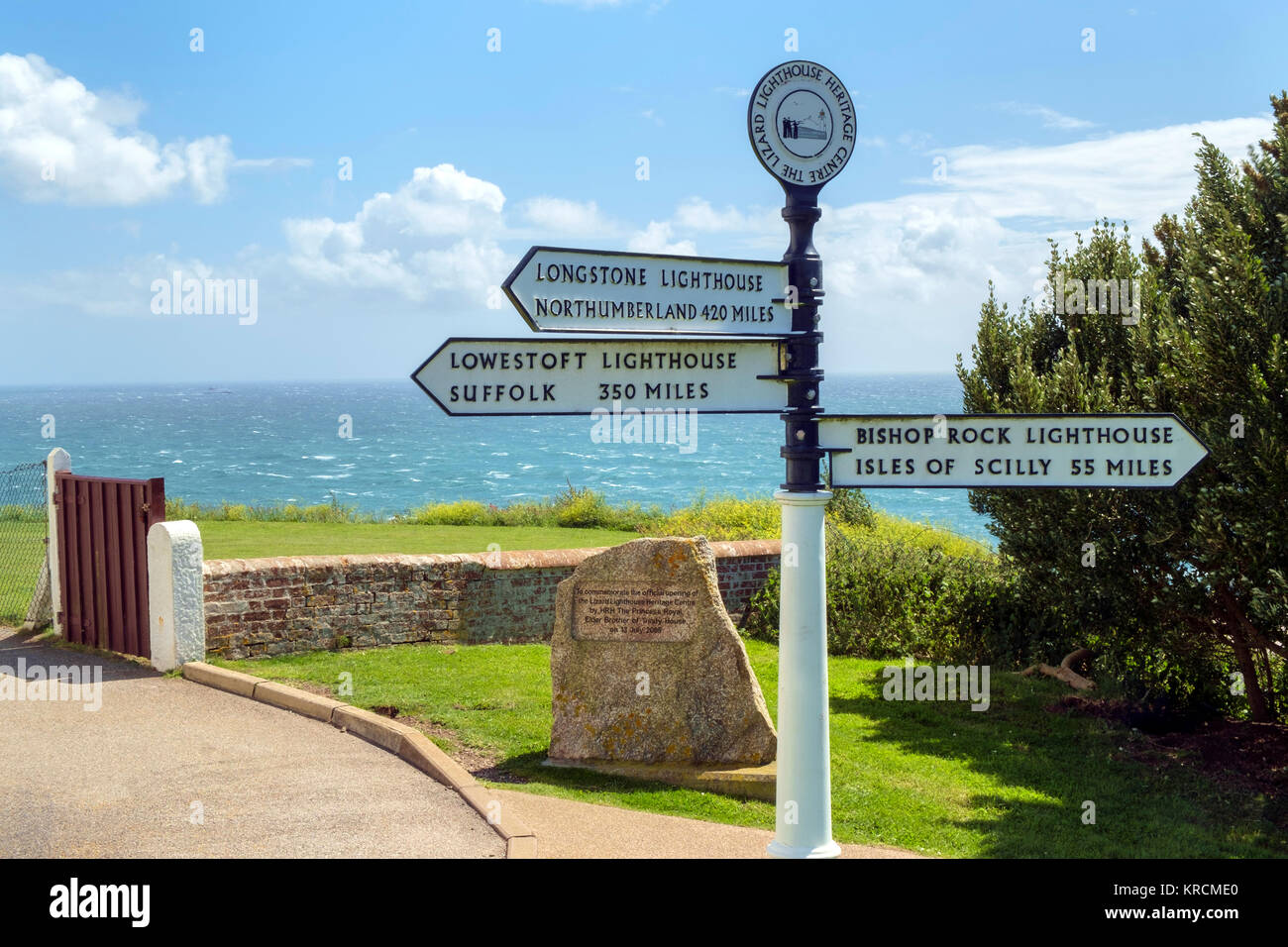Signpost pointing to other notable lighthouse locations in the UK, Lizard Lighthouse & Heritage Centre, Lizard Point, Cornwall, UK Stock Photo