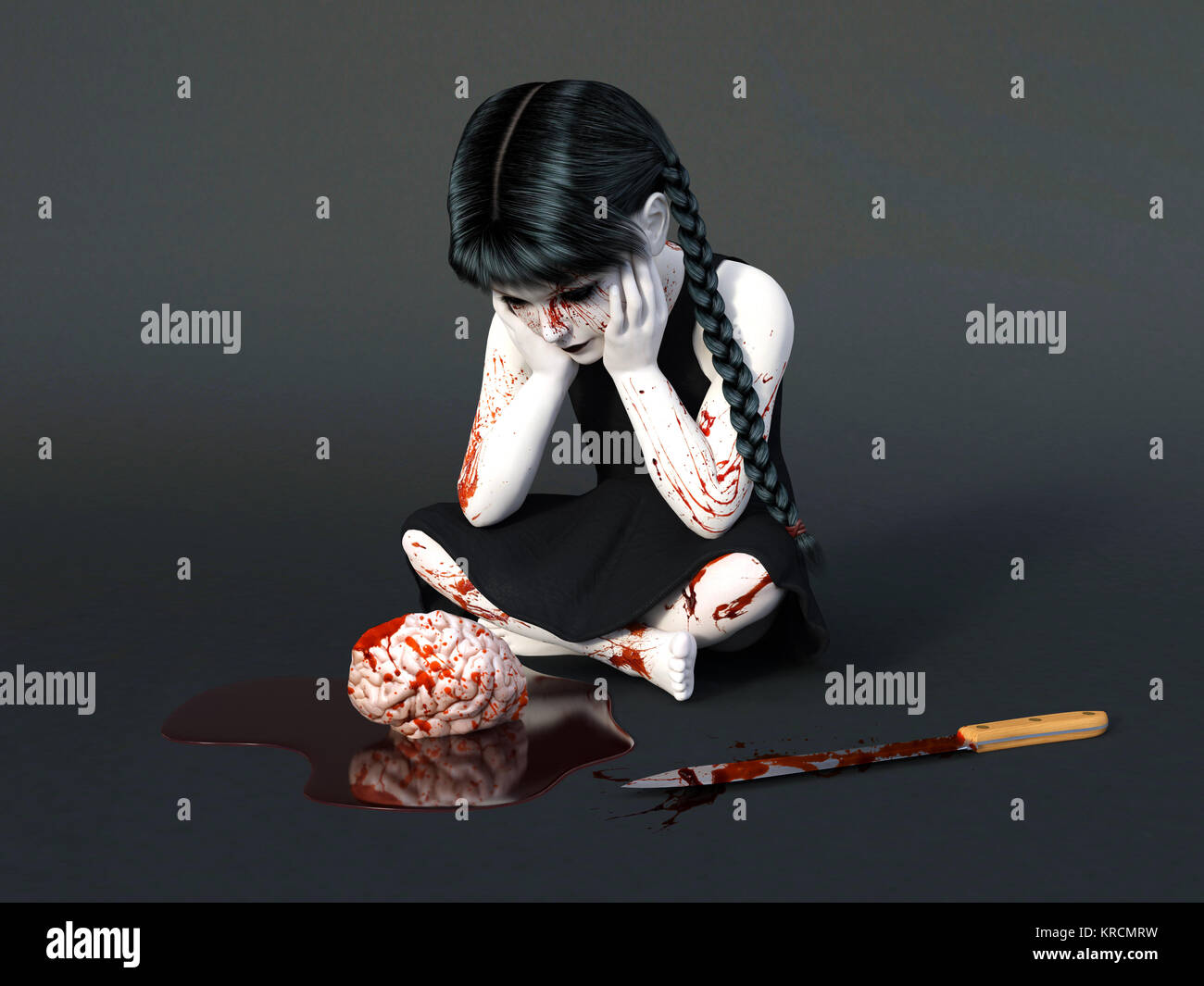 3D rendering of a blood covered small girl sitting on the floor. Stock Photo