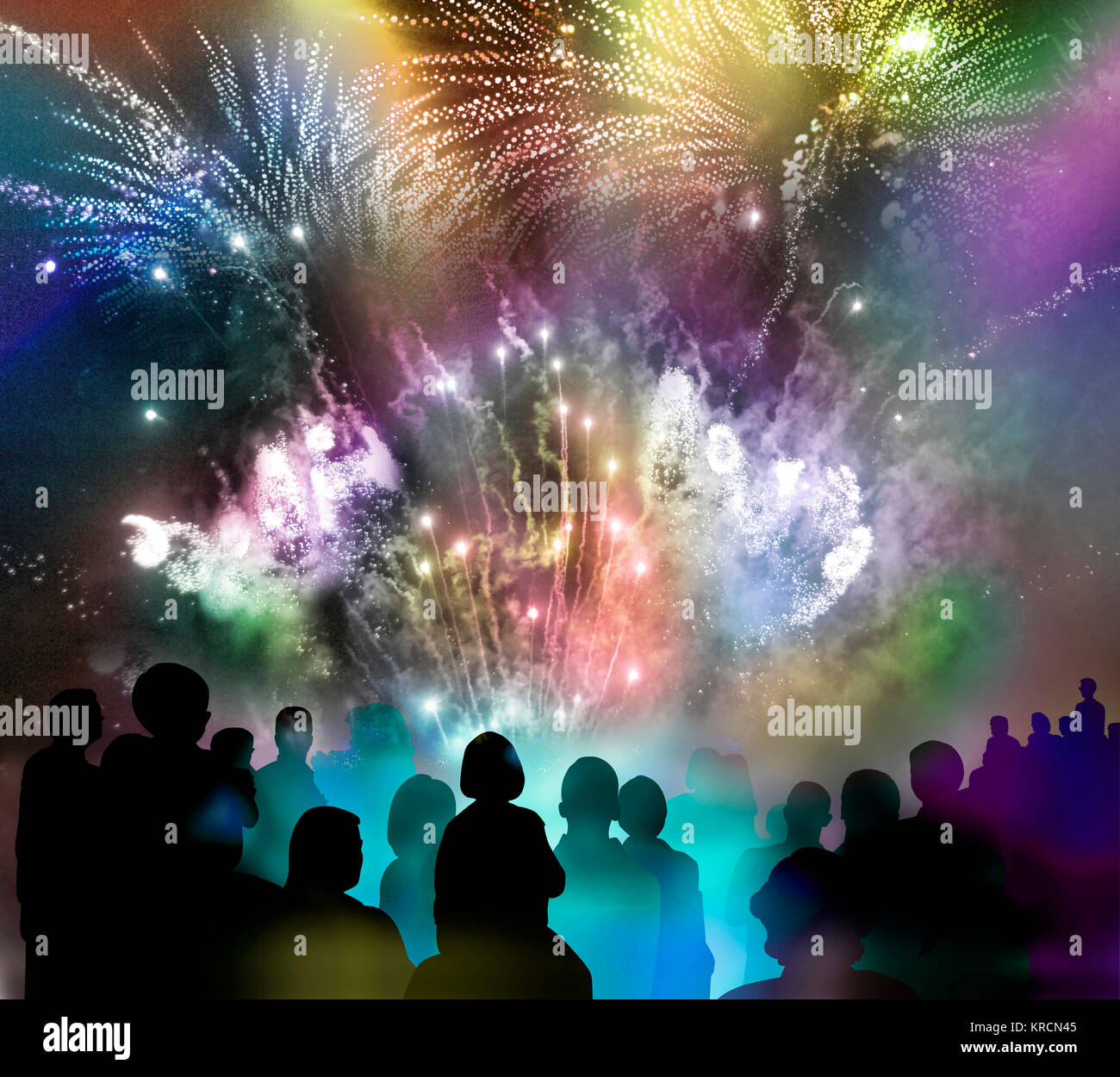 nächtliches Feuerwerk mit bunten Licht- und Glitzermustern und illustrierten Zuschauer-Silhouetten, Mixed Media Stock Photo