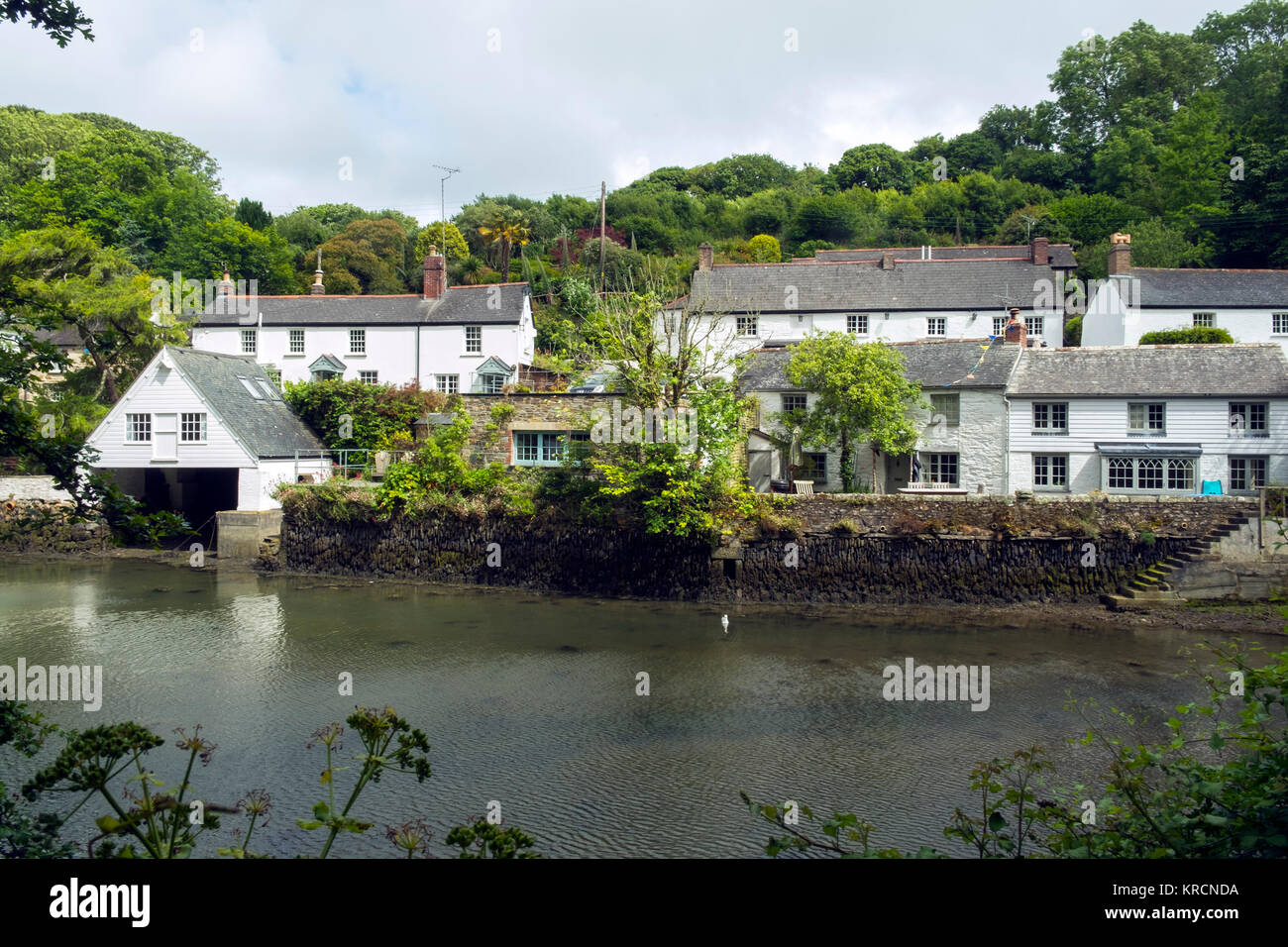 Idyllic homes alongside the waters edge in Helford village on the Helford River, Cornwall, UK Stock Photo