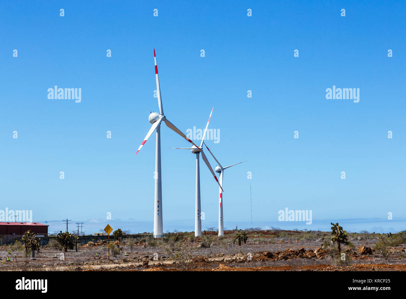 Large wind turbines at Seymour Airport, island of Baltra, Galapagos Islands, Ecuador, South America Stock Photo