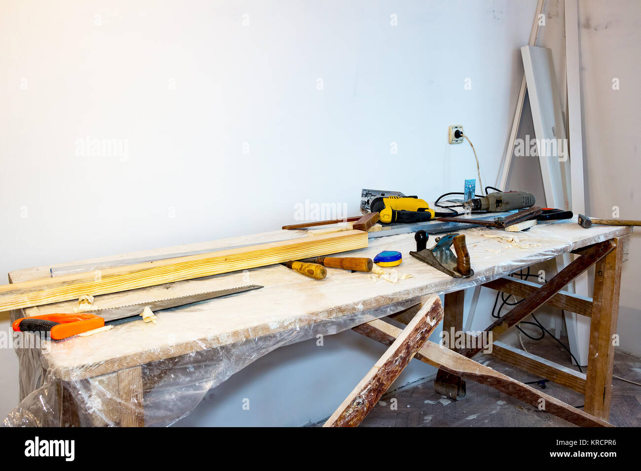Table with the tools of a carpenter Stock Photo Alamy