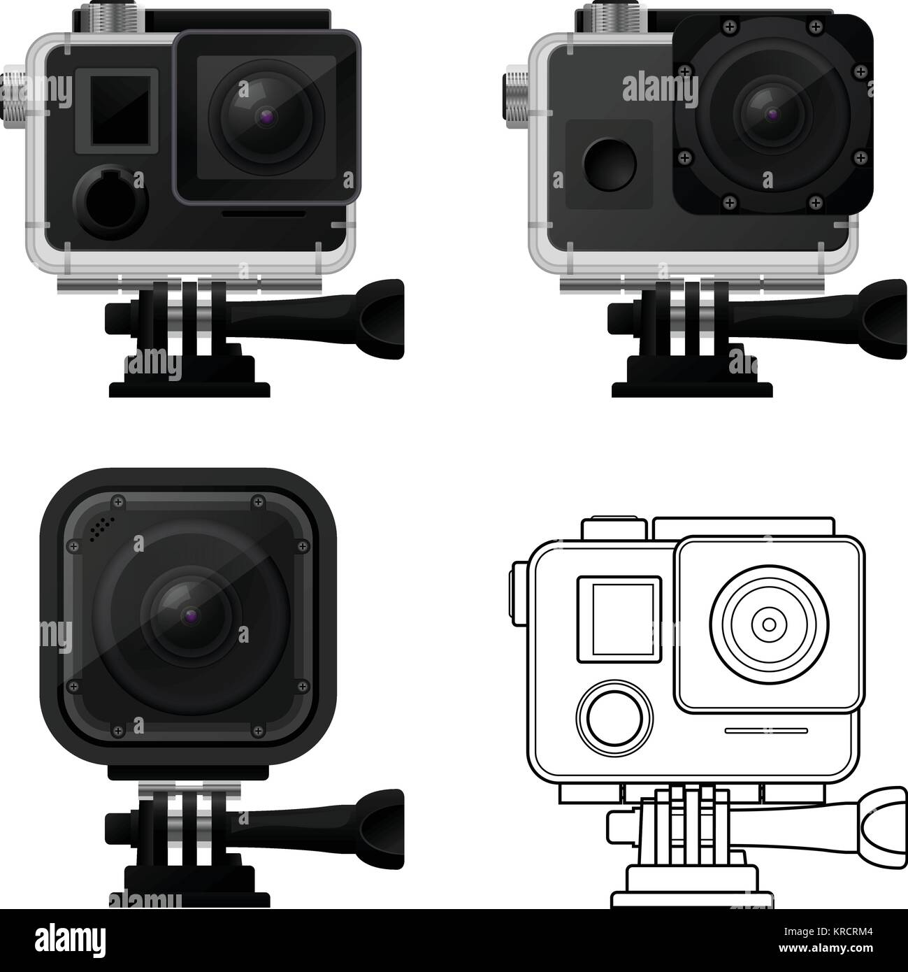 Set of action camera icons in waterproof case sport cam icon Stock
