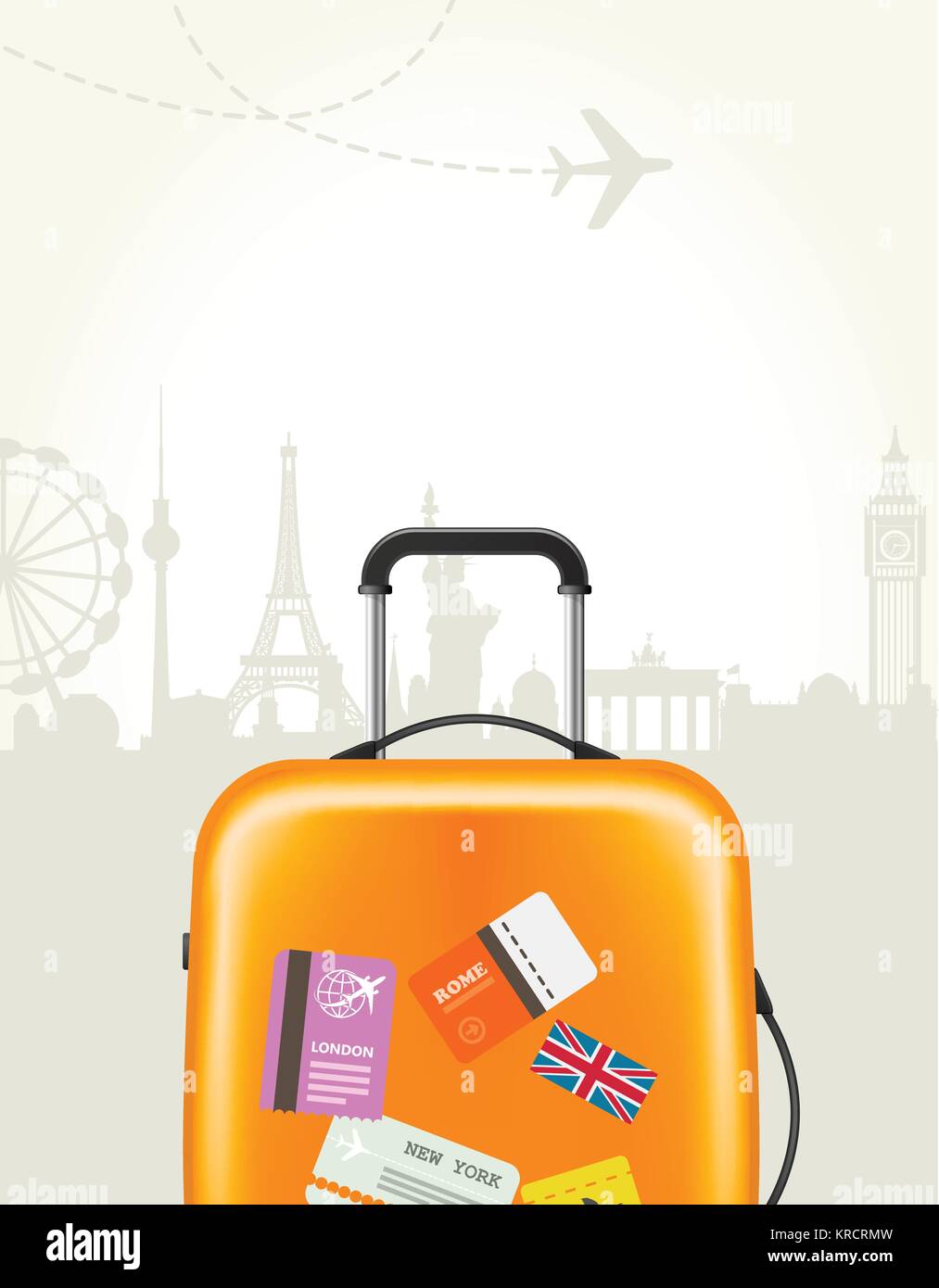 Travel agency poster with plastic suitcase and european landmarks ...