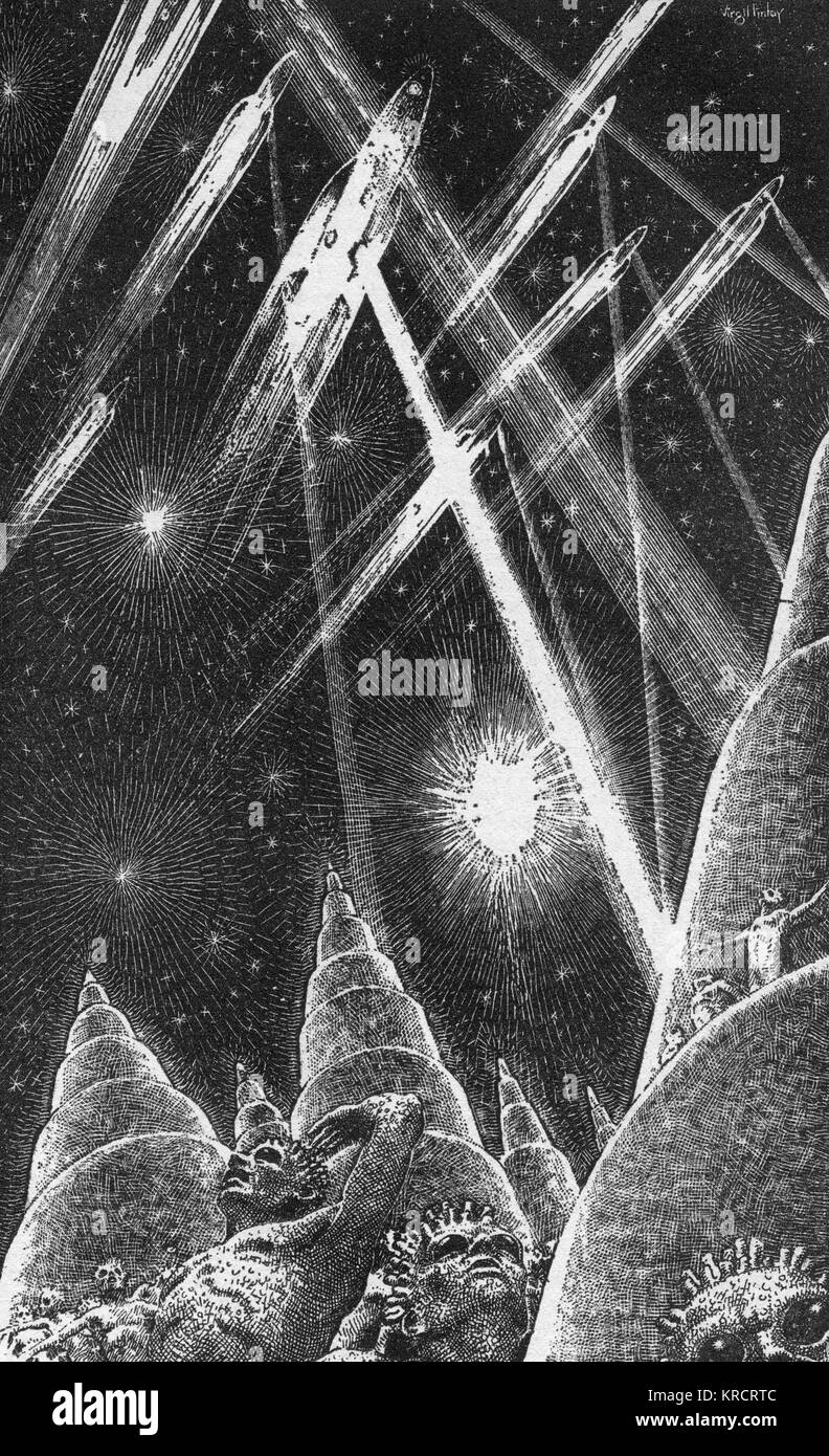 The Impossible World' [Eando Binder] The spaceships from Earth drop their bombs on the cities of the aliens Date: 1939 Stock Photo