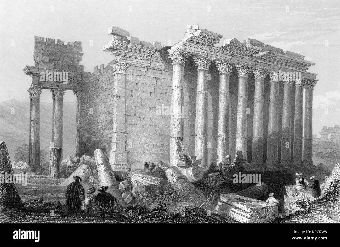 The 'hanging stone' in the Great Temple Date: 1835 Stock Photo