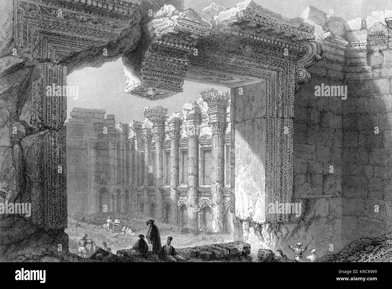 The 'hanging stone' in the Great Temple Date: circa 1840 Stock Photo