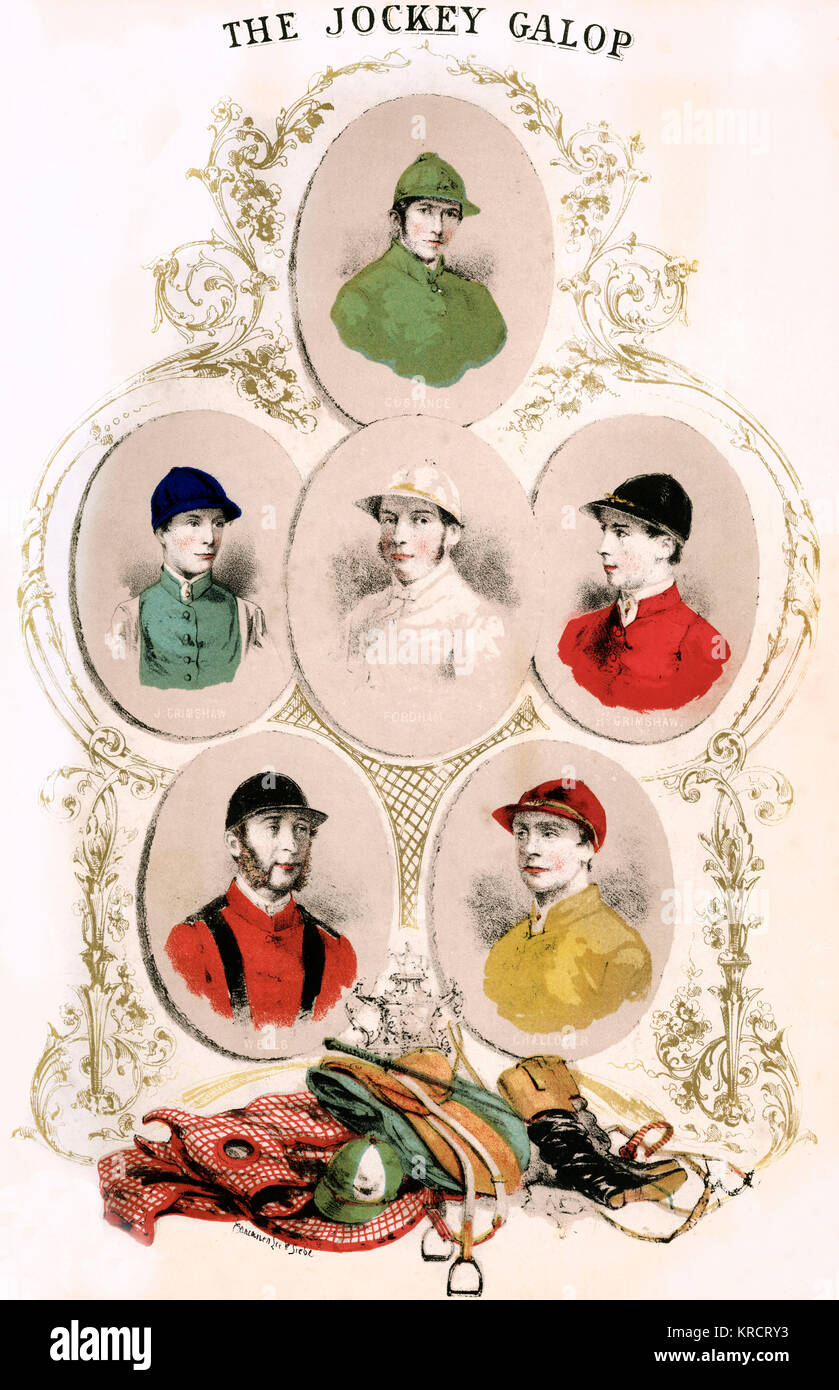Six jockeys wearing their colours. Date: 19th century Stock Photo