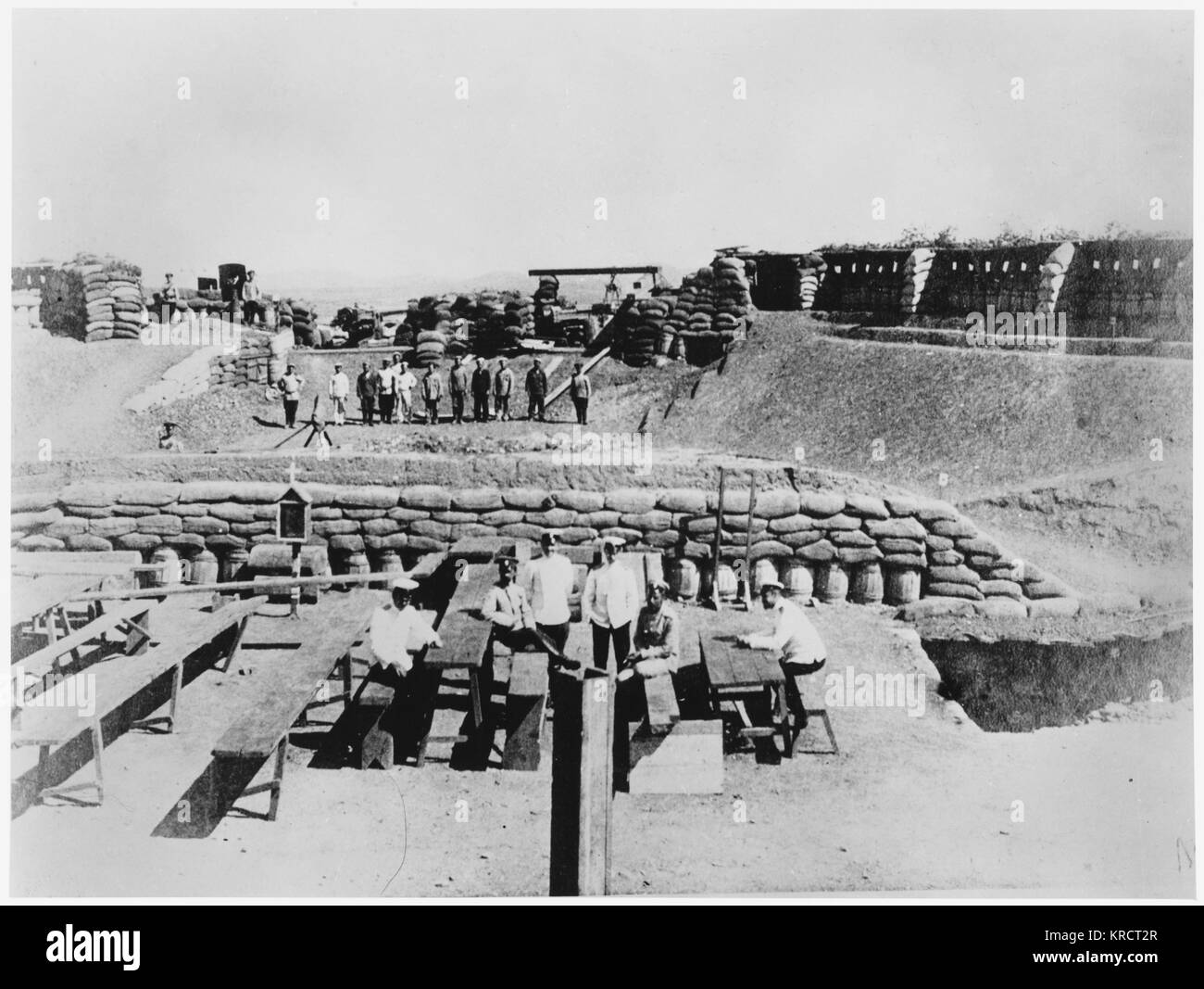 Russian army fortifications constructed using sandbags at Port Arthur, Russia Date: 1904 Stock Photo