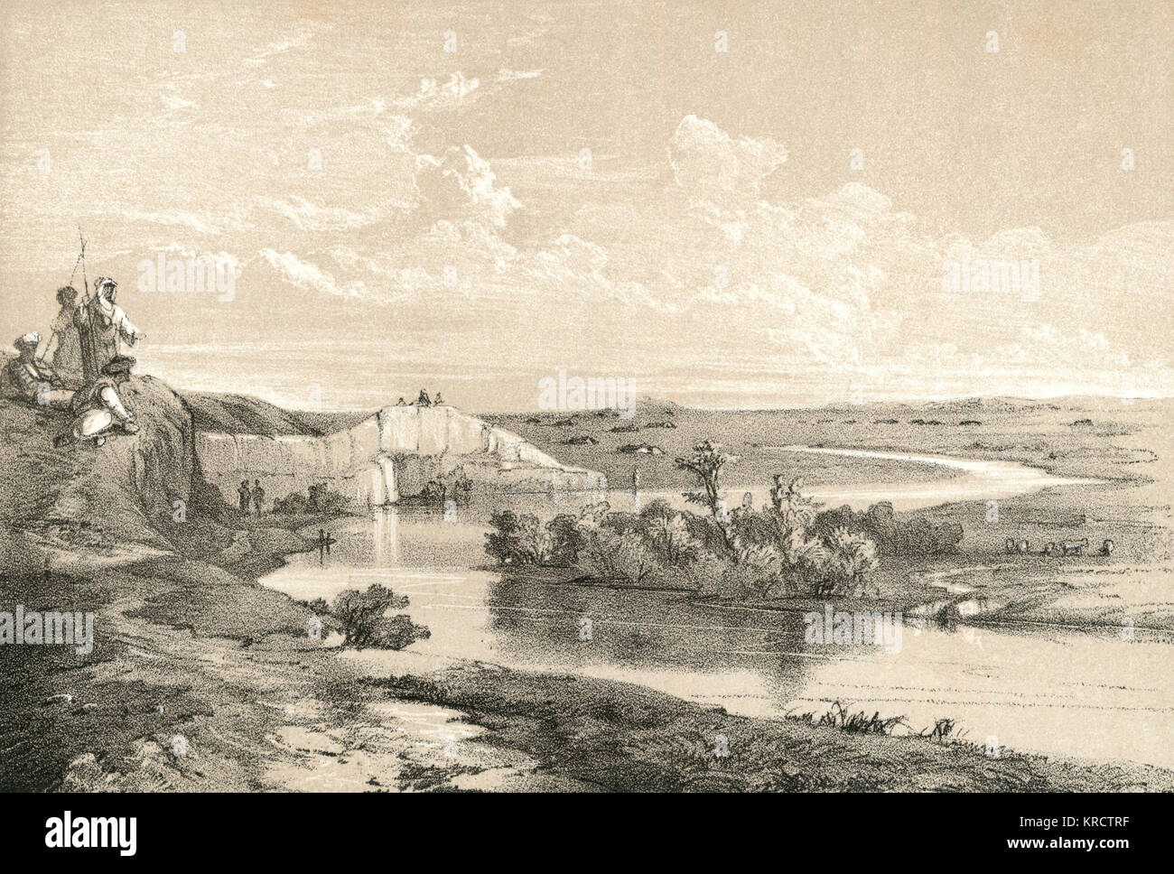 The Tell mound of the ancient Assyrian settlement and Palace at Aryan, on the course of the river Khabour in modern-day Syria. Date: 1853 Stock Photo