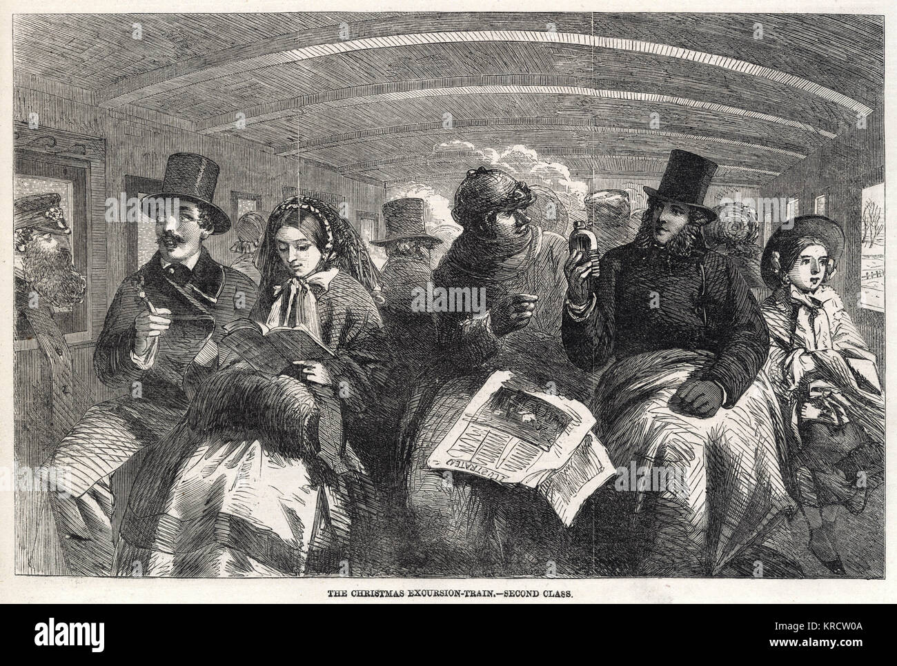 Crowed Second class passengers on their way home for Christmas. Date: 1859 Stock Photo
