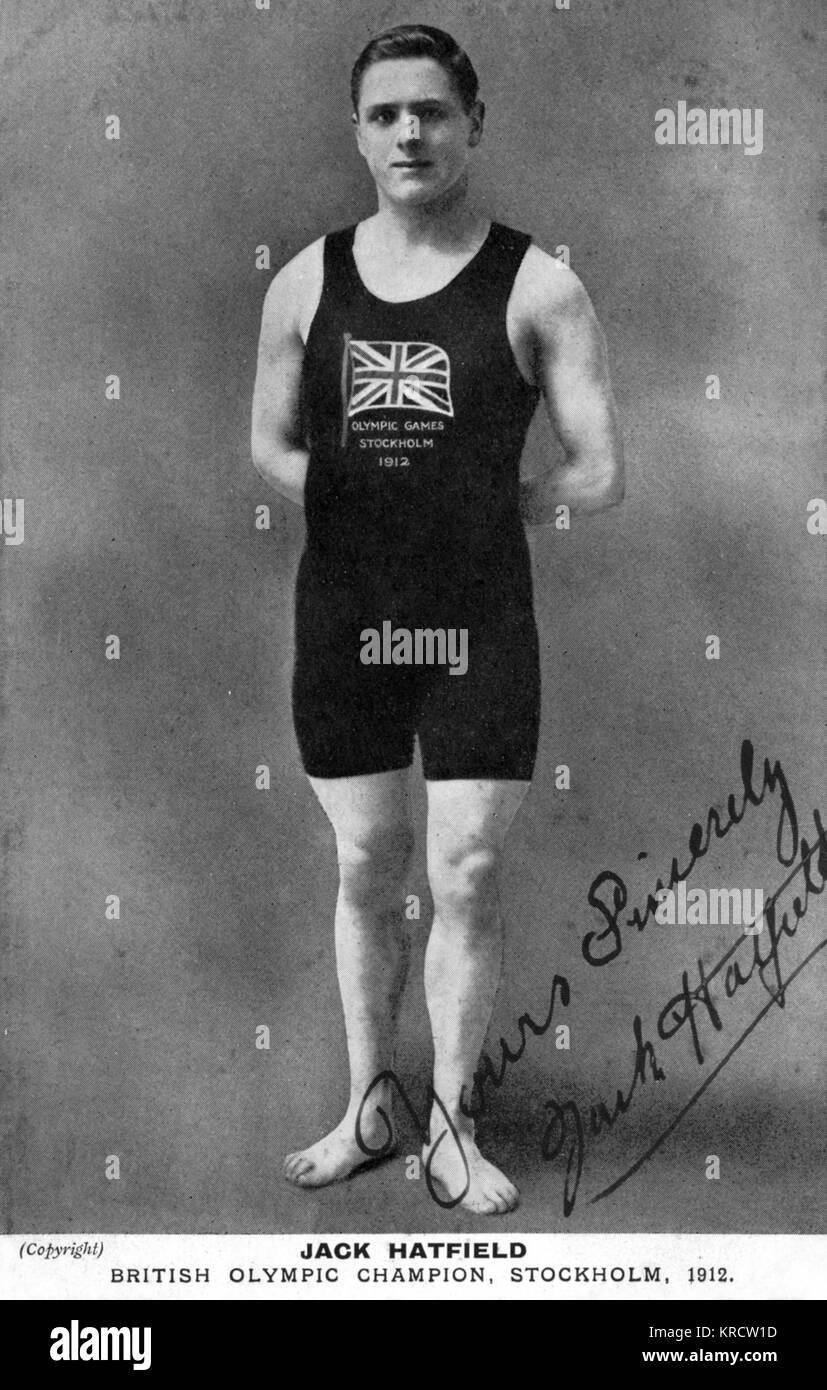 Jack Hatfield (John Gatenby 'Jack' Hatfield, 1893-1965), British Olympic swimming champion, seen here at the time of the Stockholm Olympics in 1912, where he won two Silver Medals and one Bronze in three freestyle events. He also played water polo. Date: 1912 Stock Photo