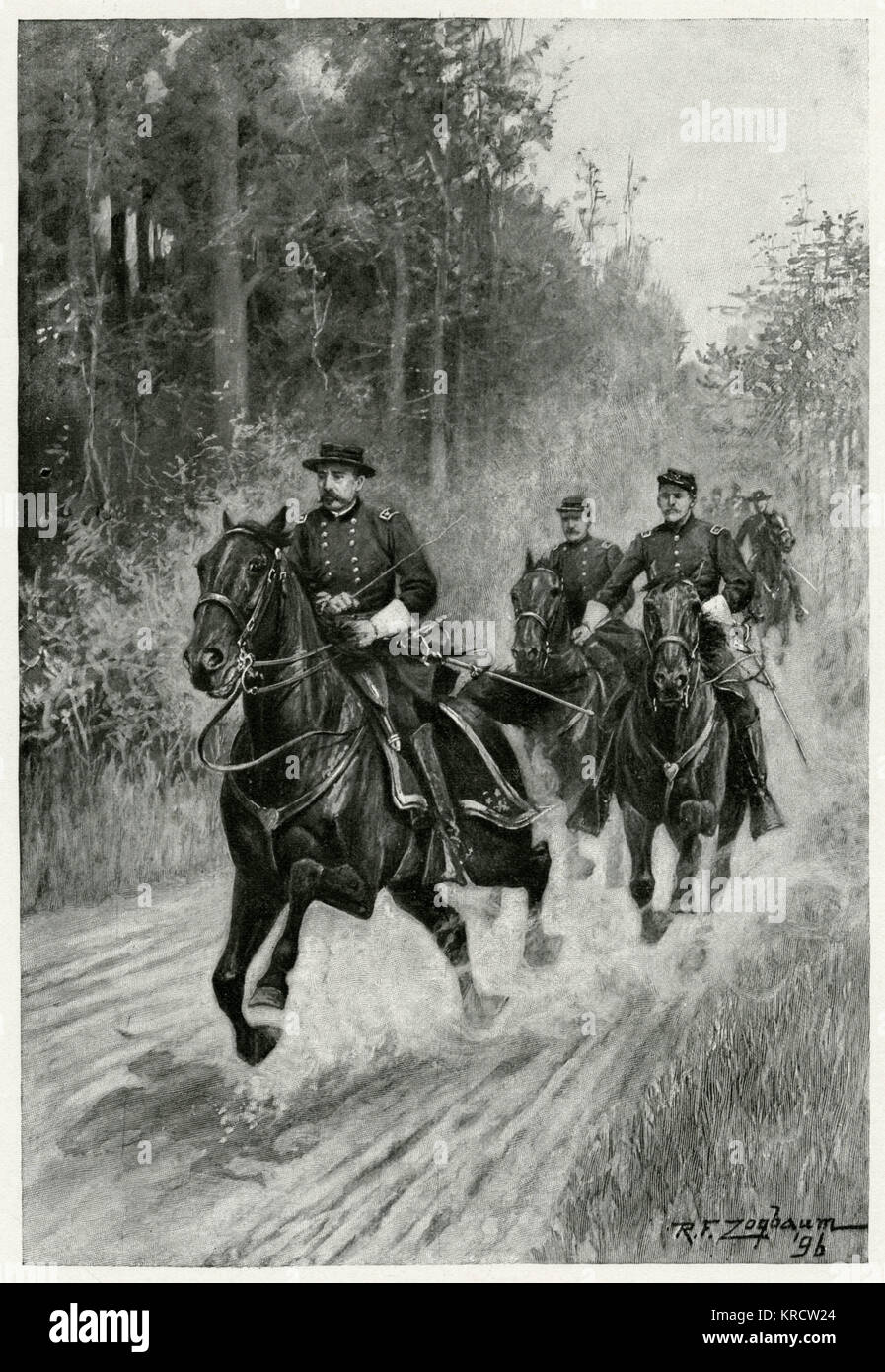 Philip Henry Sheridan, US General, given command of the Army of the Shenandoah, he defeats General Lee. Here he advances at a good pace on horseback with his men. Date: 1864 Stock Photo