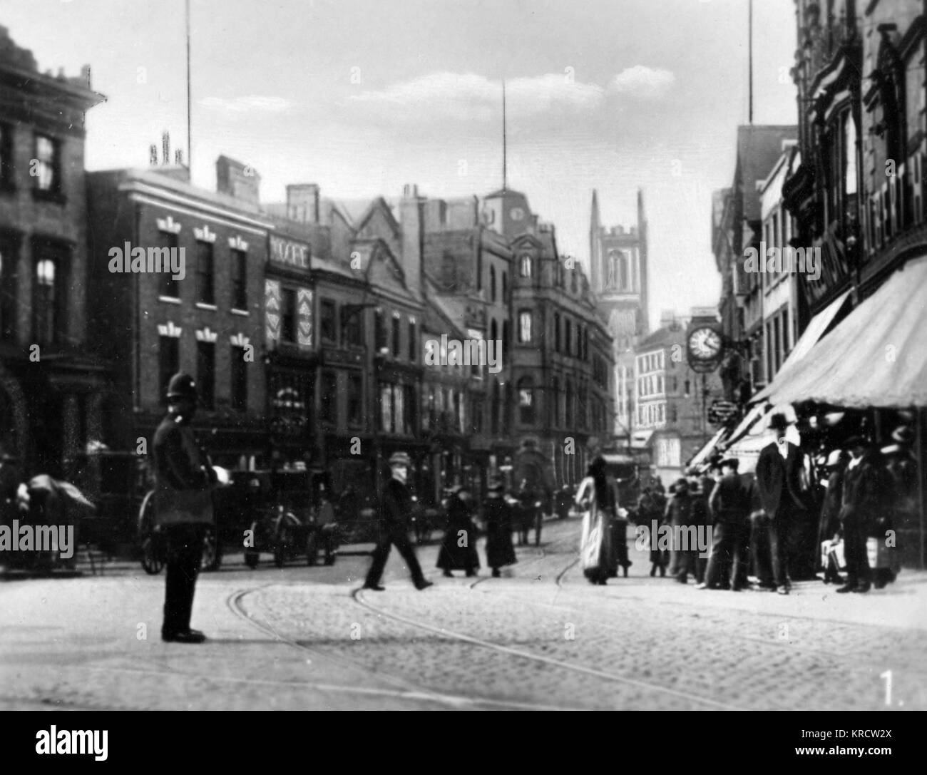 View of the Cornmarket in the town centre, Derby -- it is one of the main streets, named after an actual corn market which took place there. Date: circa 1910 Stock Photo
