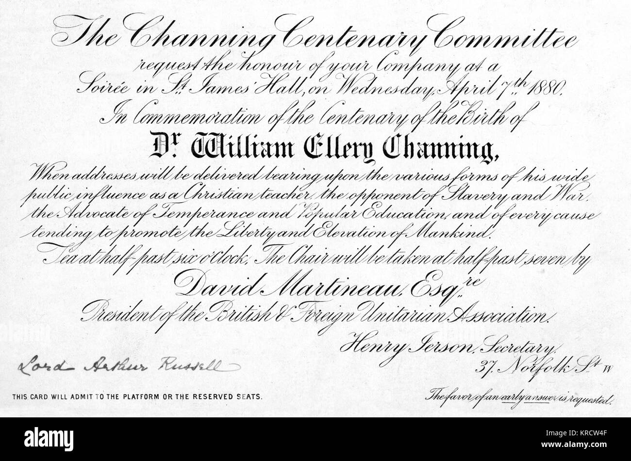 WILLIAM ELLERY CHANNING (1780-1842), American Unitarian minister and campaigner against slavery -- an invitation to a centenary soiree at St James's Hall, London, from the Channing Centenary Committee, made out to Lord Arthur Russell. Date: 1880 Stock Photo