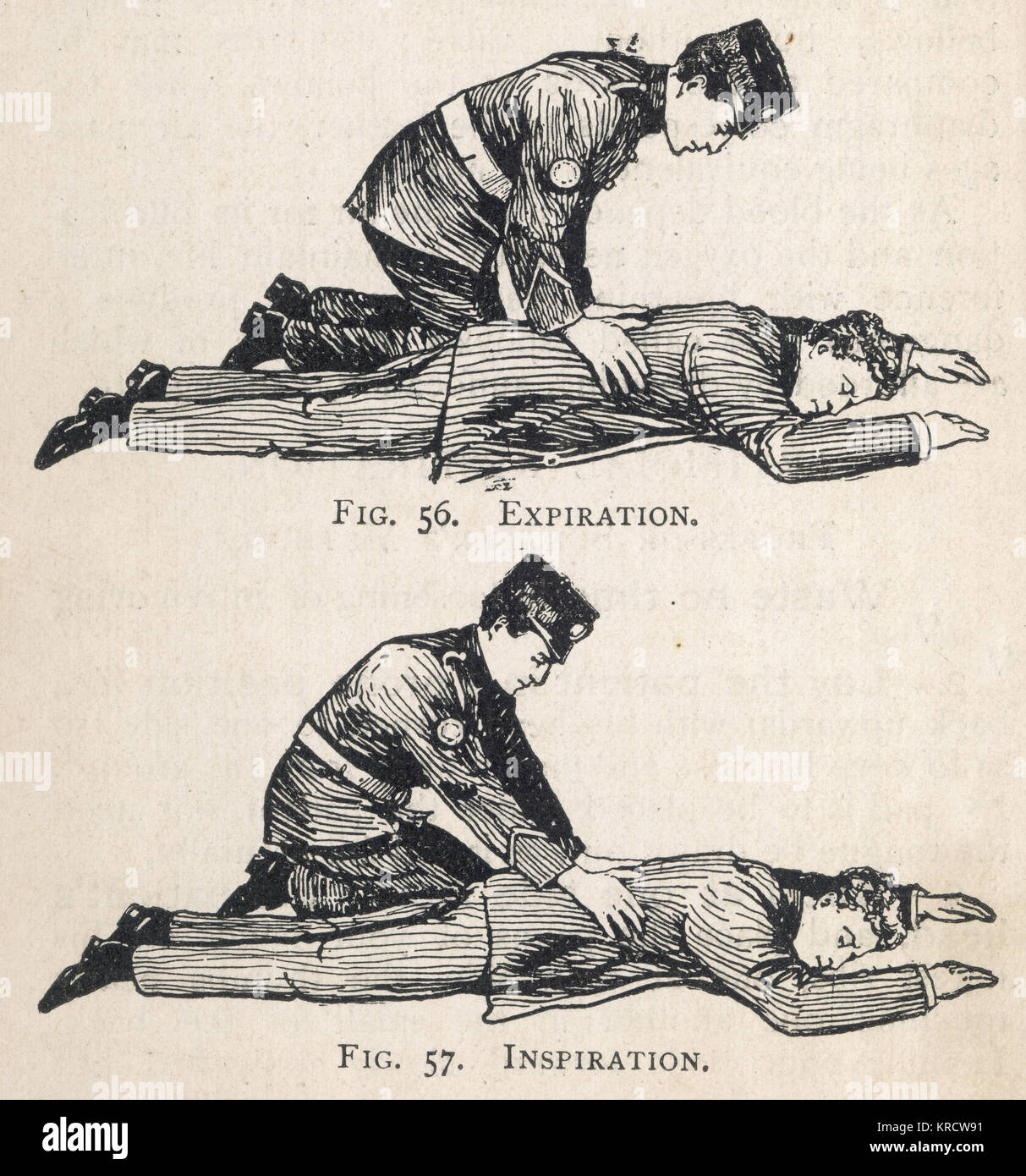First aid diagram, illustrating artificial respiration -- Professor Schafer's Method, with expiration (above) and inspiration (below). Date: 1908 Stock Photo