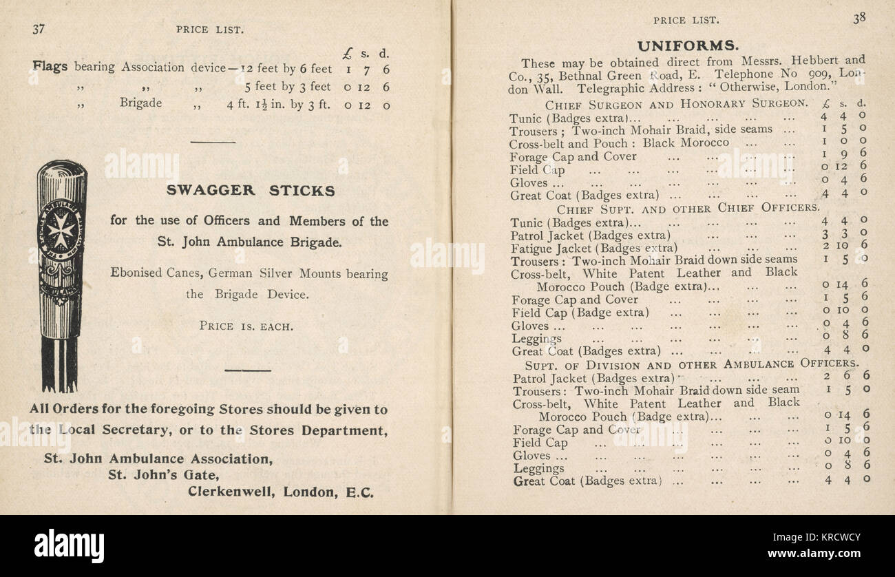 A swagger stick and details of uniforms, with prices, for members of the St John's Ambulance -- with military overtones. Date: 1908 Stock Photo