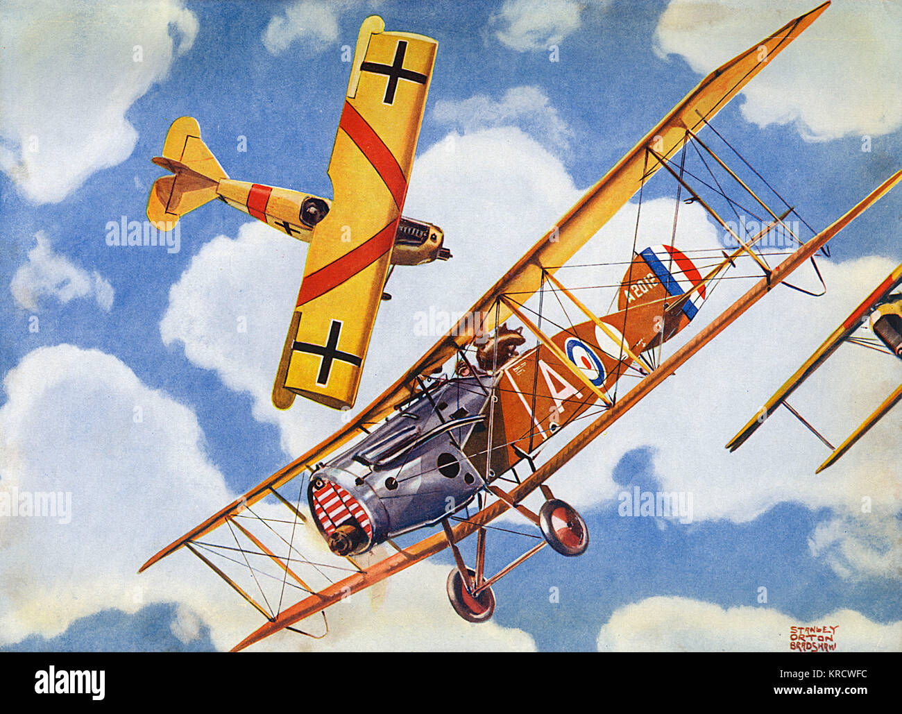 A deadly game of life and death is played out over Europe as a Bristol flies against Fokker D.VIIs Date: 1918 Stock Photo