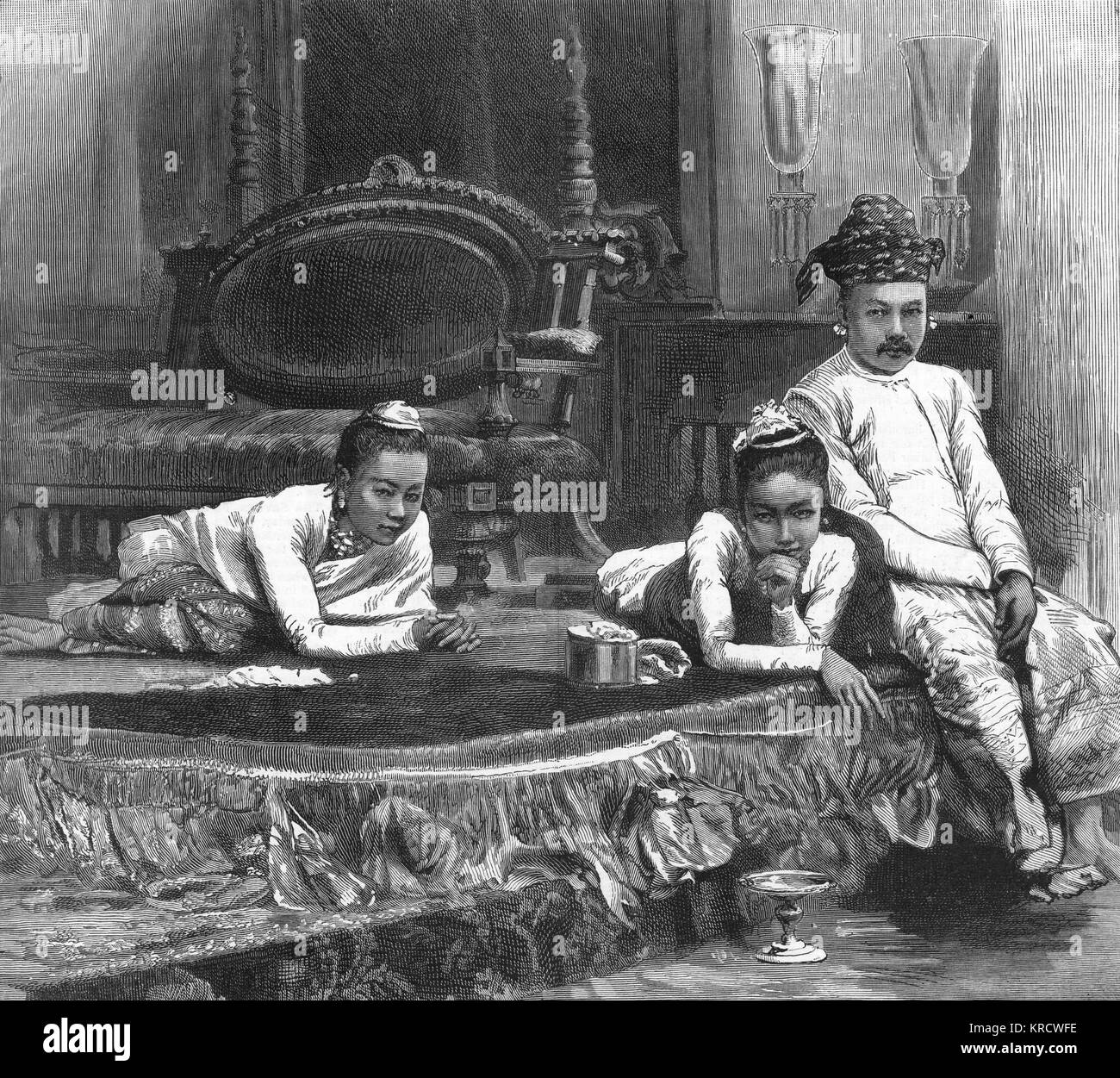 THEEBAW (THIBAW) King Theebaw of Burma with his 'evil' Queen Supayalat (centre) and her sister. Defeated in third Burmese War. Date: 1858 - 1916 Stock Photo