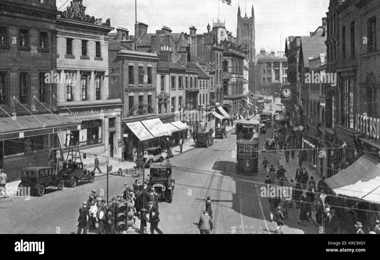 View of the Cornmarket, Derby, on a busy day Stock Photo