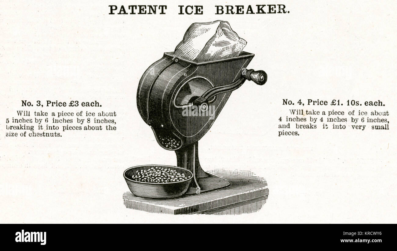 Ice breaker that can break large chunks of ice into pieces about the size of a chestnut or very small pieces. Date: 1899 Stock Photo