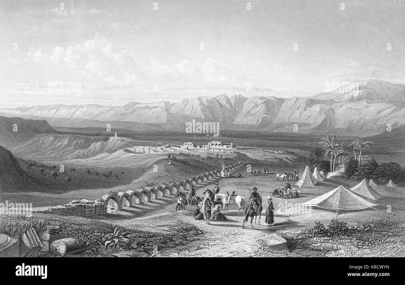 People camp amid the ruins of Laodicea, an important religious centre in the Byzantine era, due to it having one of the seven most sacred Christian churches. Date: 19th century Stock Photo