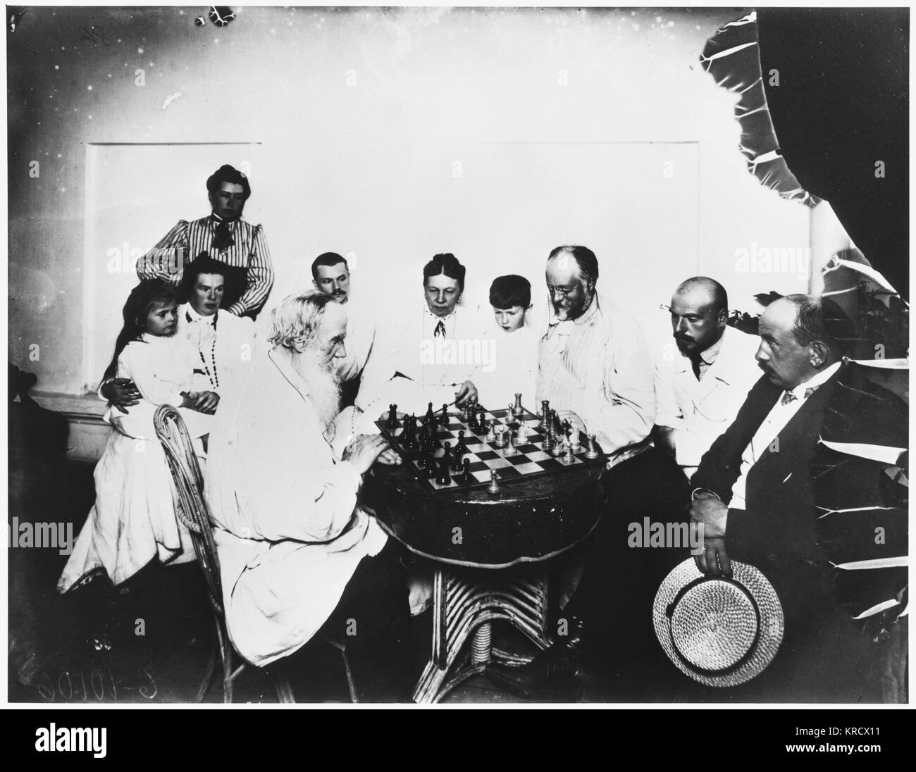 Russian author Leo Tolstoy plays chess. Date: 1908 Stock Photo