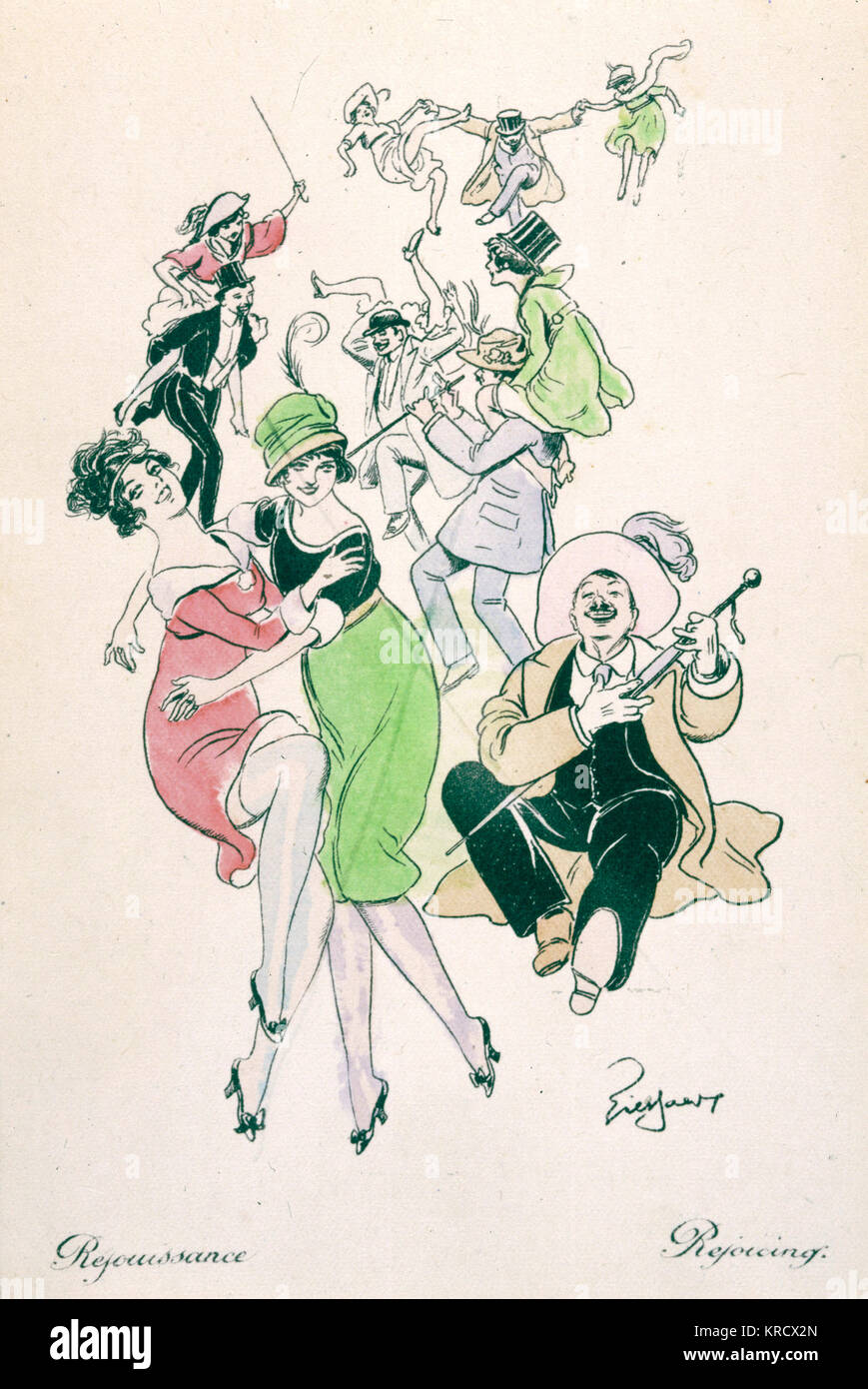 Men and women doing a lively dance - Rejoicing! Date: 1920s Stock Photo