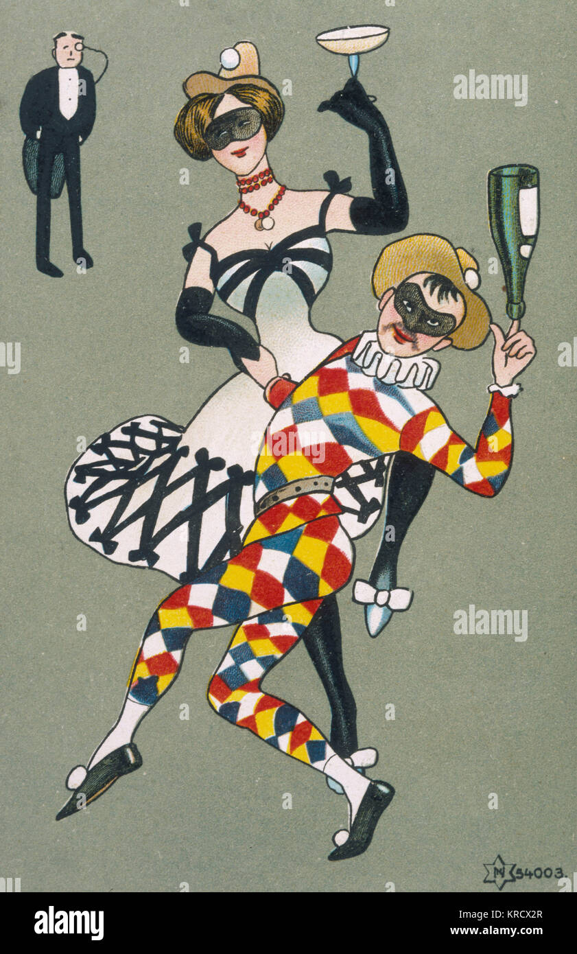 A dancing couple dressed as Harlequin and Columbine at a masquerade Date: early 20th century Stock Photo