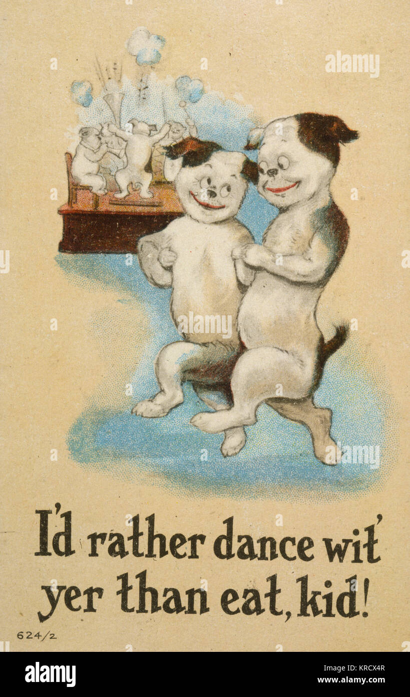 Two dogs dancing:  I'd rather dance wit' yer than eat, kid!       Date: early 20th century? Stock Photo