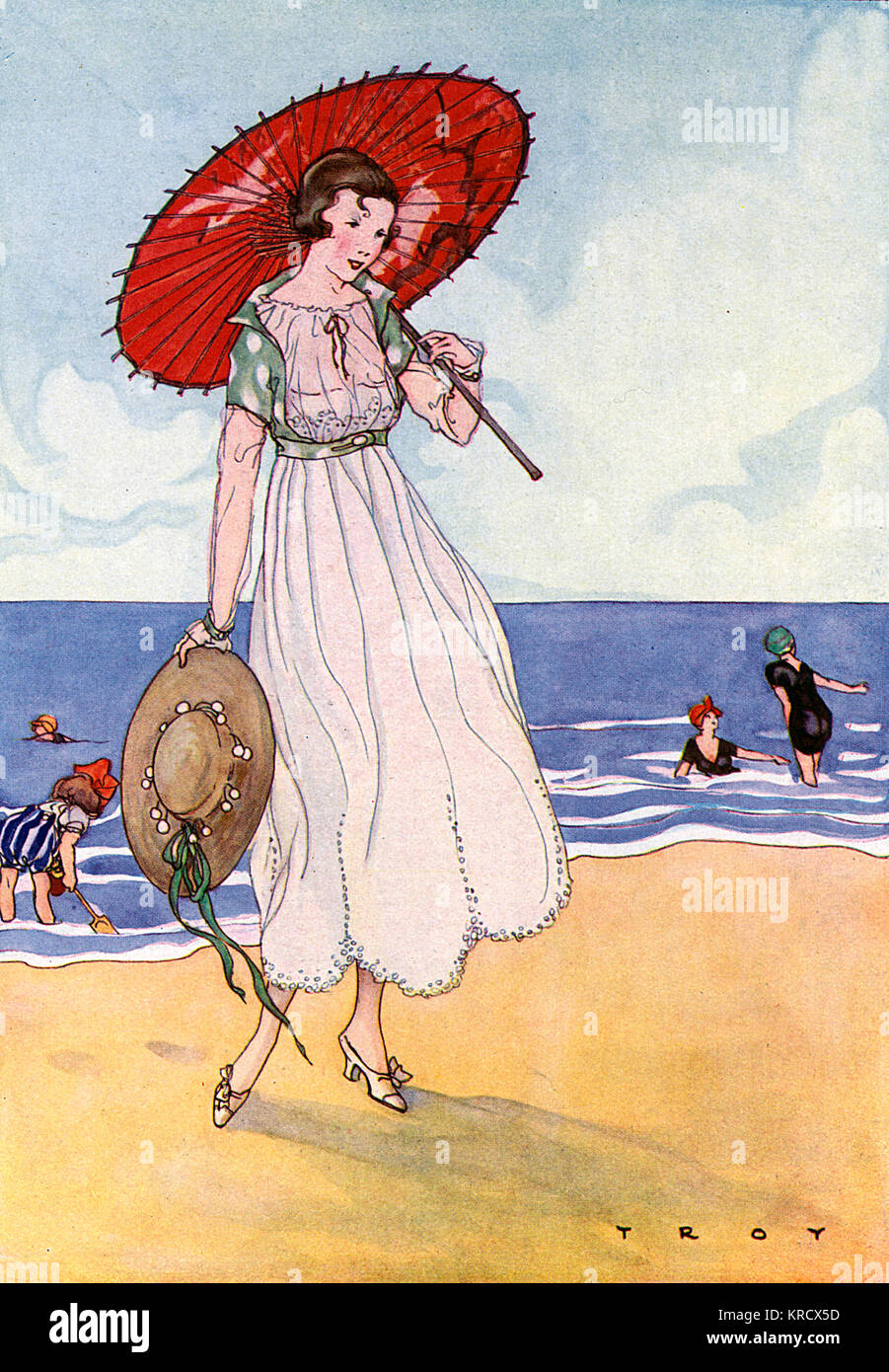 Woman with red parasol 1915 Stock Photo