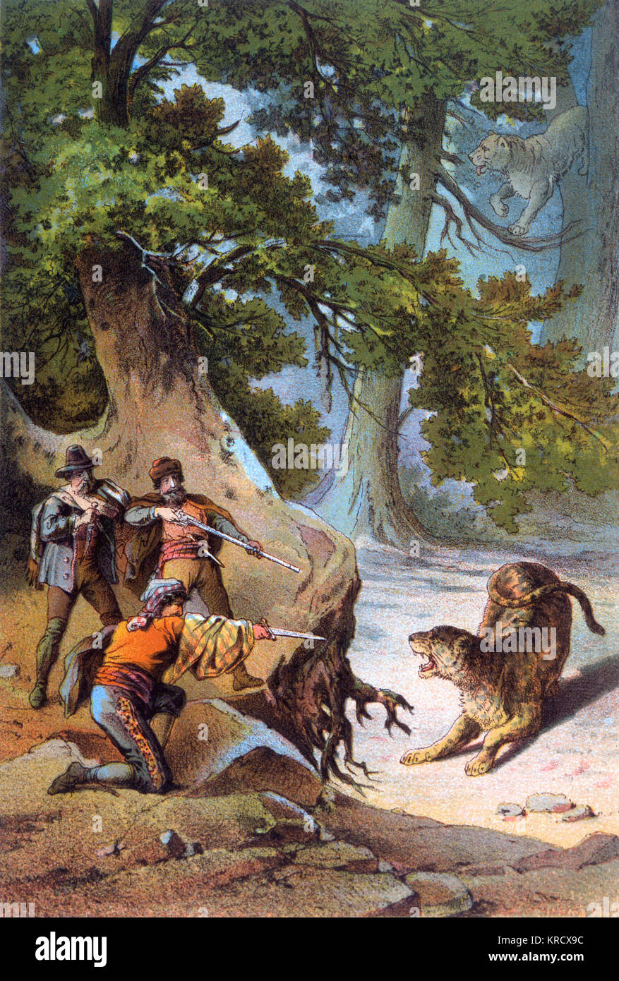 Three Mexicans encounter a  mountain lion, and hope that  their gun, backed by two  daggers, will save them from  its claws and jaw.      Date: 1880 Stock Photo
