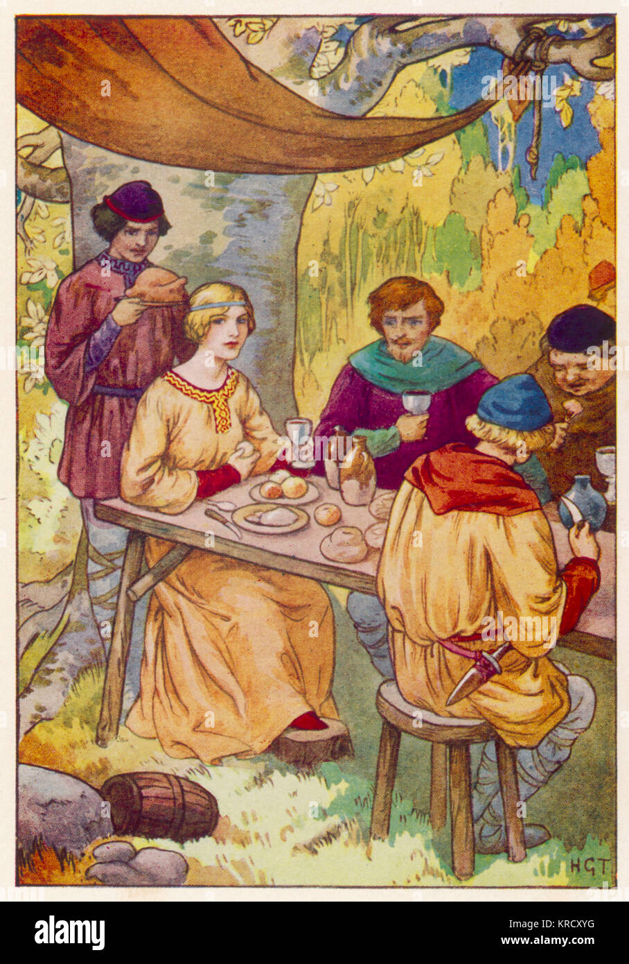 Robin Hood and his merry men  feast, with Maid Marian to  grace their table.        Date: circa 1930 Stock Photo